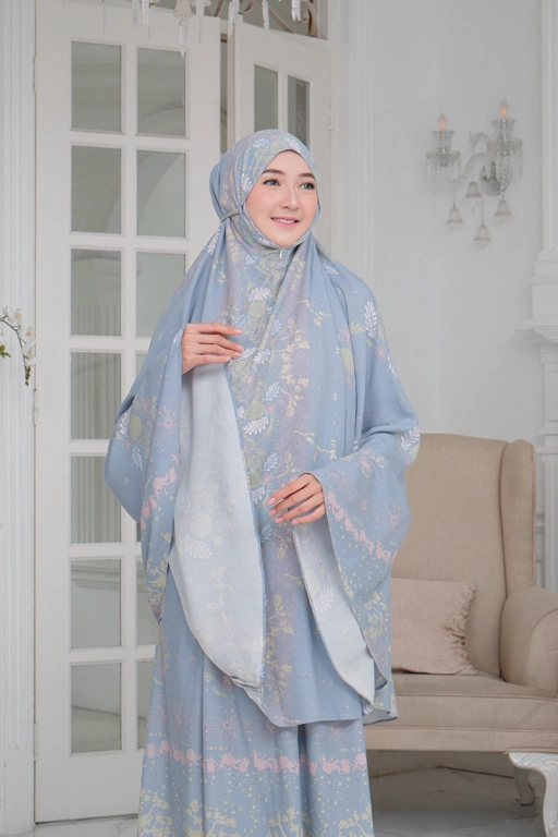 Image of Mukena Flora - Mukena Katun | Cotton Daily Prayer Set | Blue - FM03.1