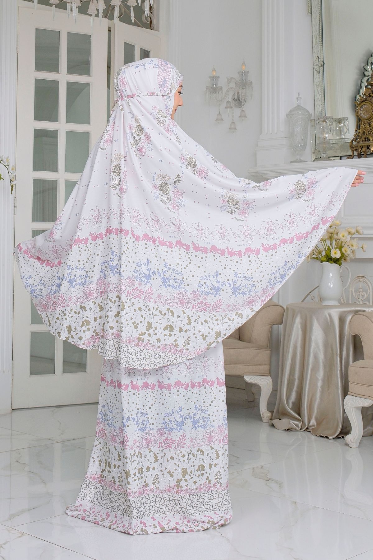 Mukena Flora - White | Mukena Katun | Cotton Fine Prayer Set