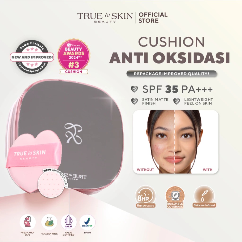 True to Skin - Skinlike Porefecting Cushion SPF 35 PA++++ Medium to High Coverage Satin Matte Finish Lightweight Tidak menyumbat pori pori