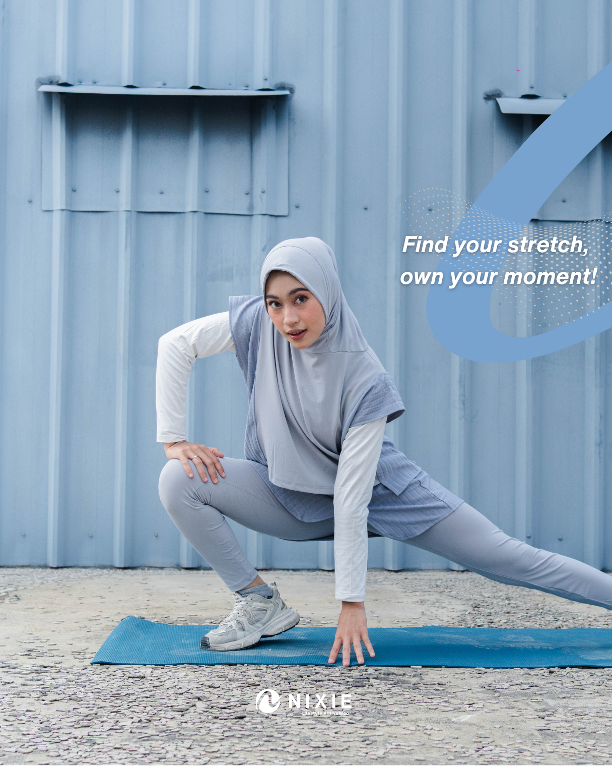 Serena Motion Fit Grey Soft Blue – One Set (Vest Hijab dan Legging Rok)