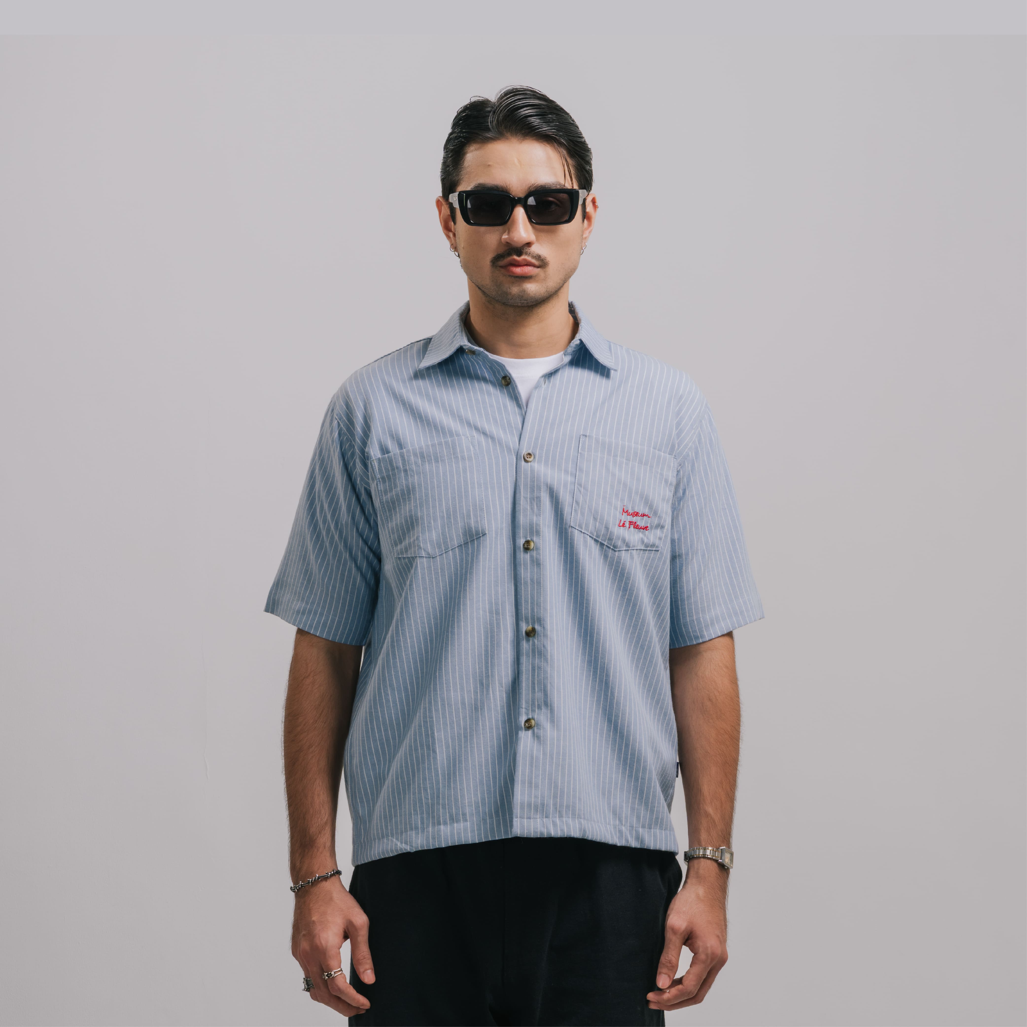 Museum Script Pinstripe Boxy Shirt in Blue