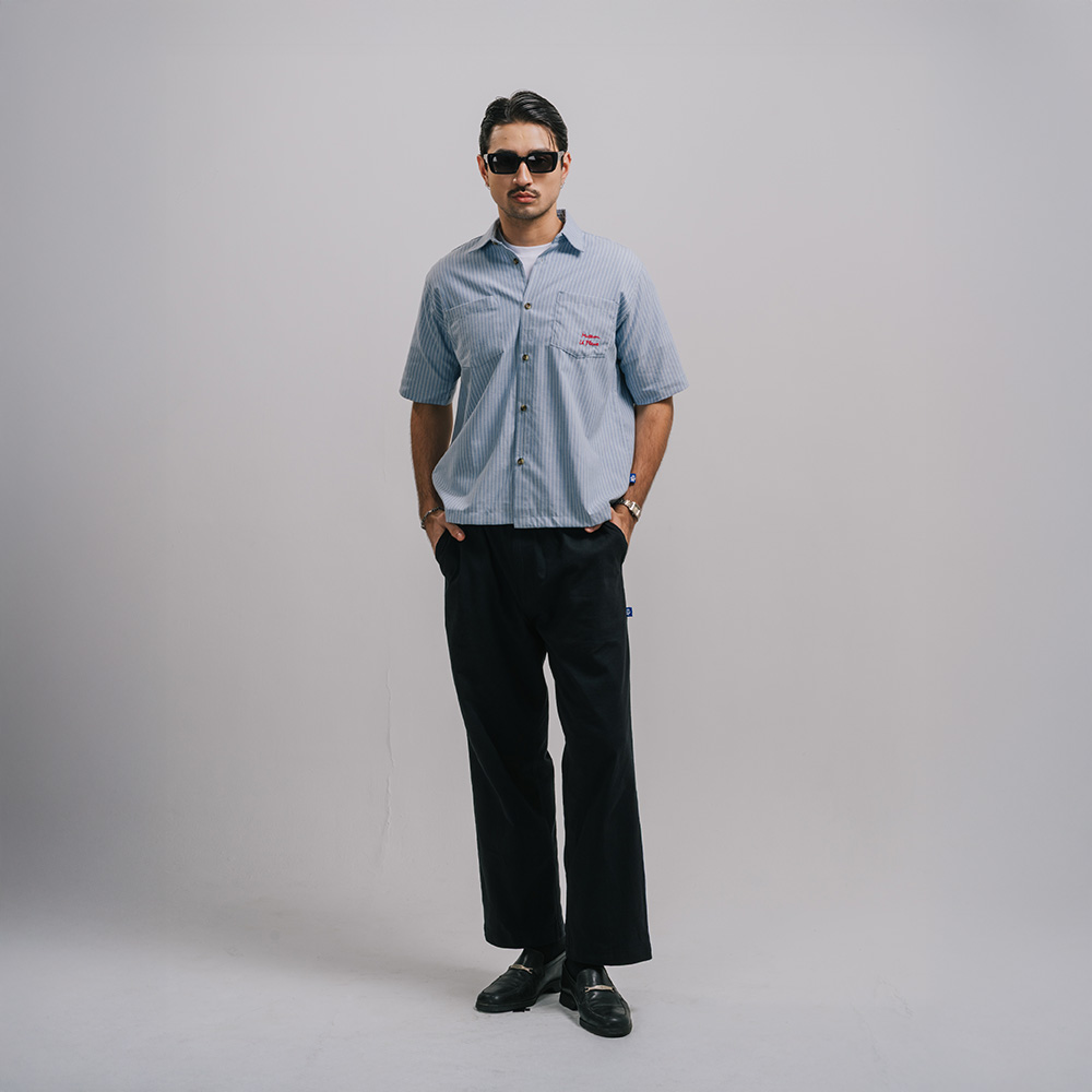 Museum Script Pinstripe Boxy Shirt in Blue
