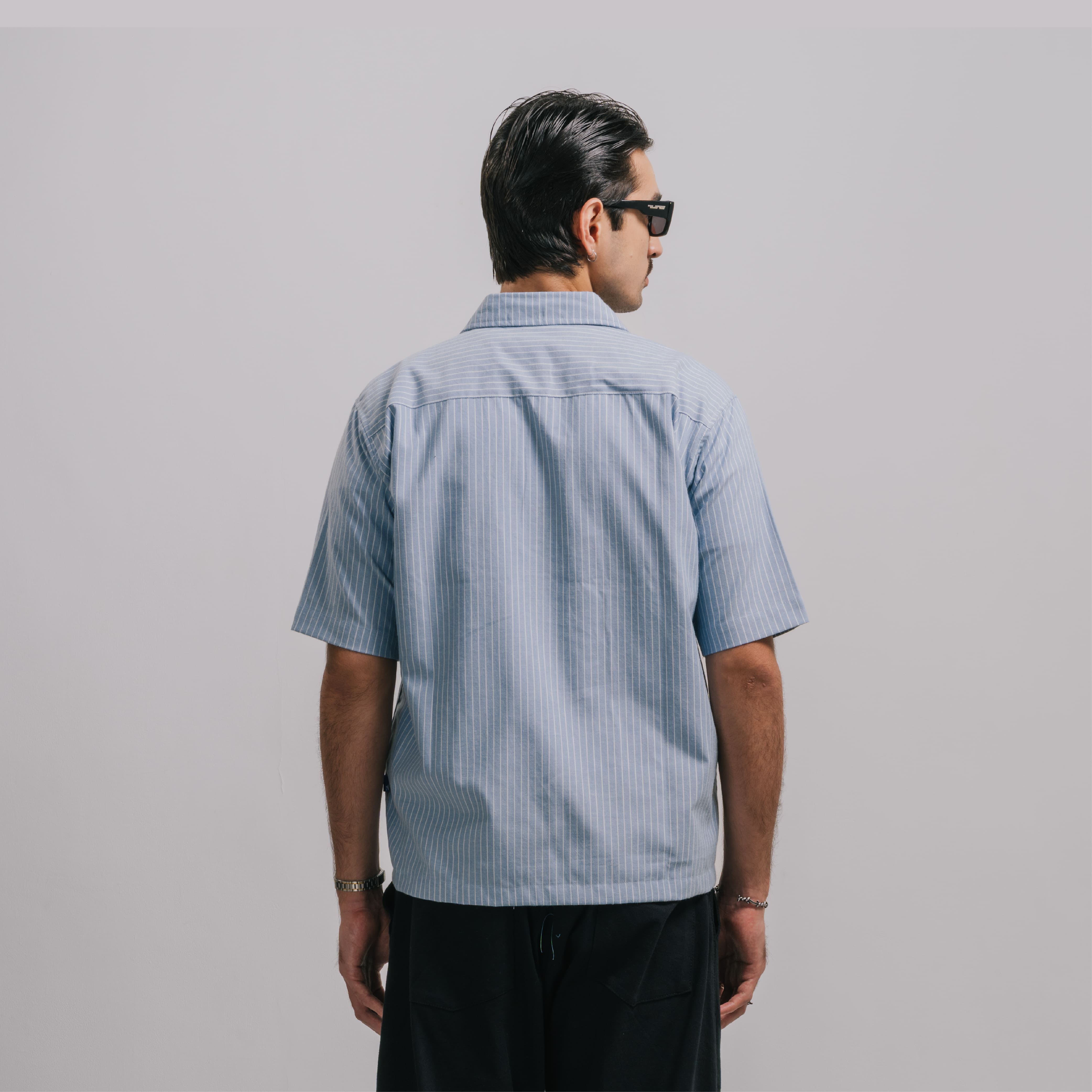 Museum Script Pinstripe Boxy Shirt in Blue