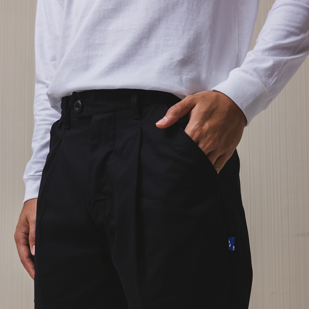 Pleated Cotton Twill Trousers in Black