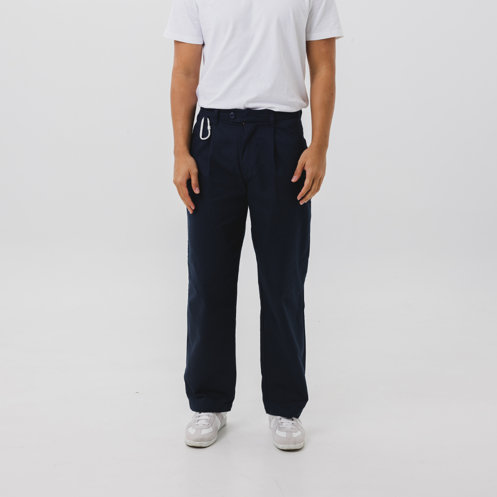 Pleated Cotton Twill Trousers in Navy