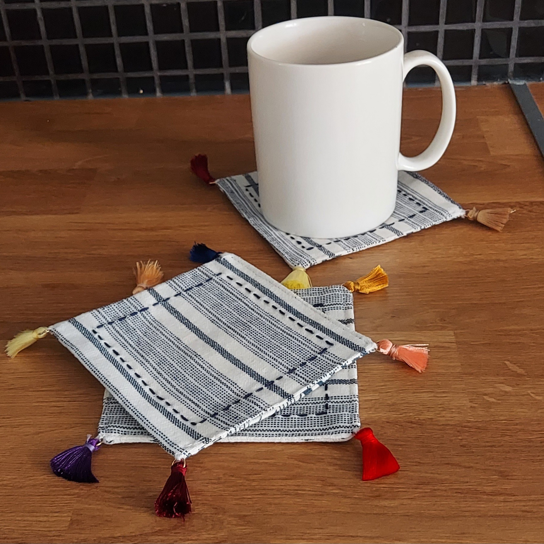 Drink Coaster Stripe Tassel - Navy