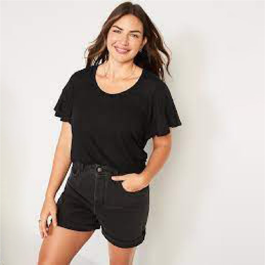 Atasan Wanita Warna Polos - Women Linen Flutter Scoop Neck Tee