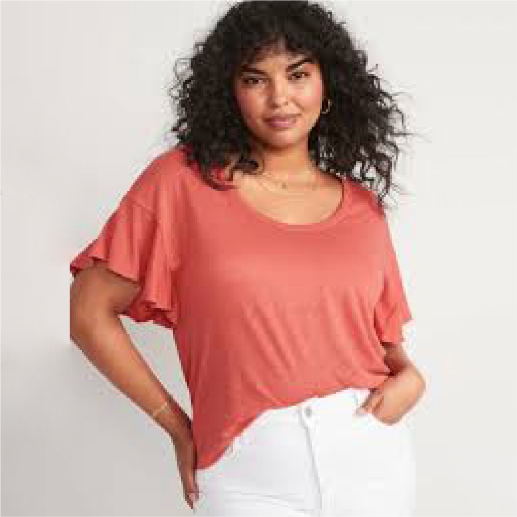 Atasan Wanita Warna Polos - Women Linen Flutter Scoop Neck Tee