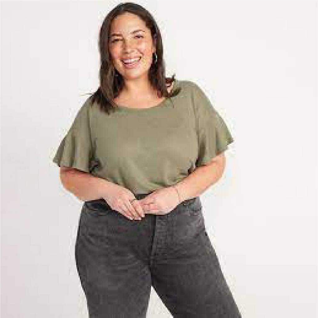 Atasan Wanita Warna Polos - Women Linen Flutter Scoop Neck Tee