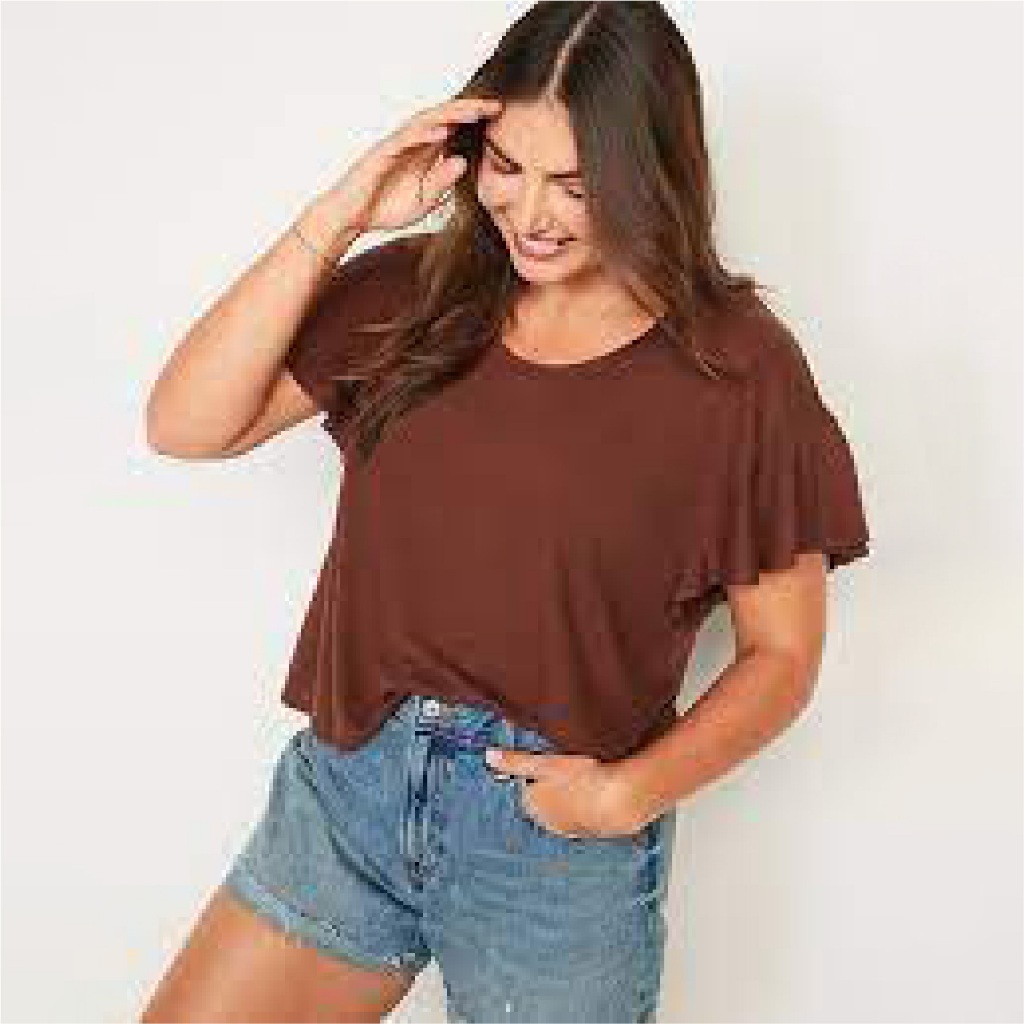 Atasan Wanita Warna Polos - Women Linen Flutter Scoop Neck Tee