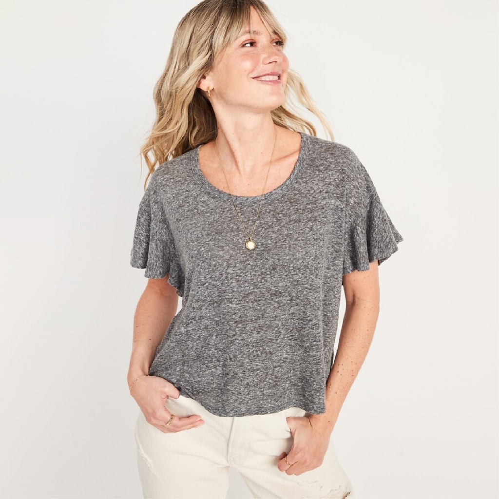Atasan Wanita Warna Polos - Women Linen Flutter Scoop Neck Tee
