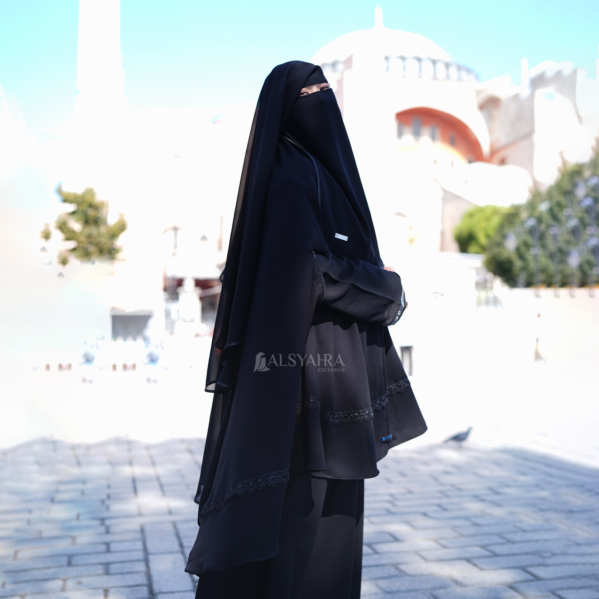 Alsyahra Exclusive - Niqab Yaman Bisban 2 Layer Sifon Silk Jetblack Arab Size L