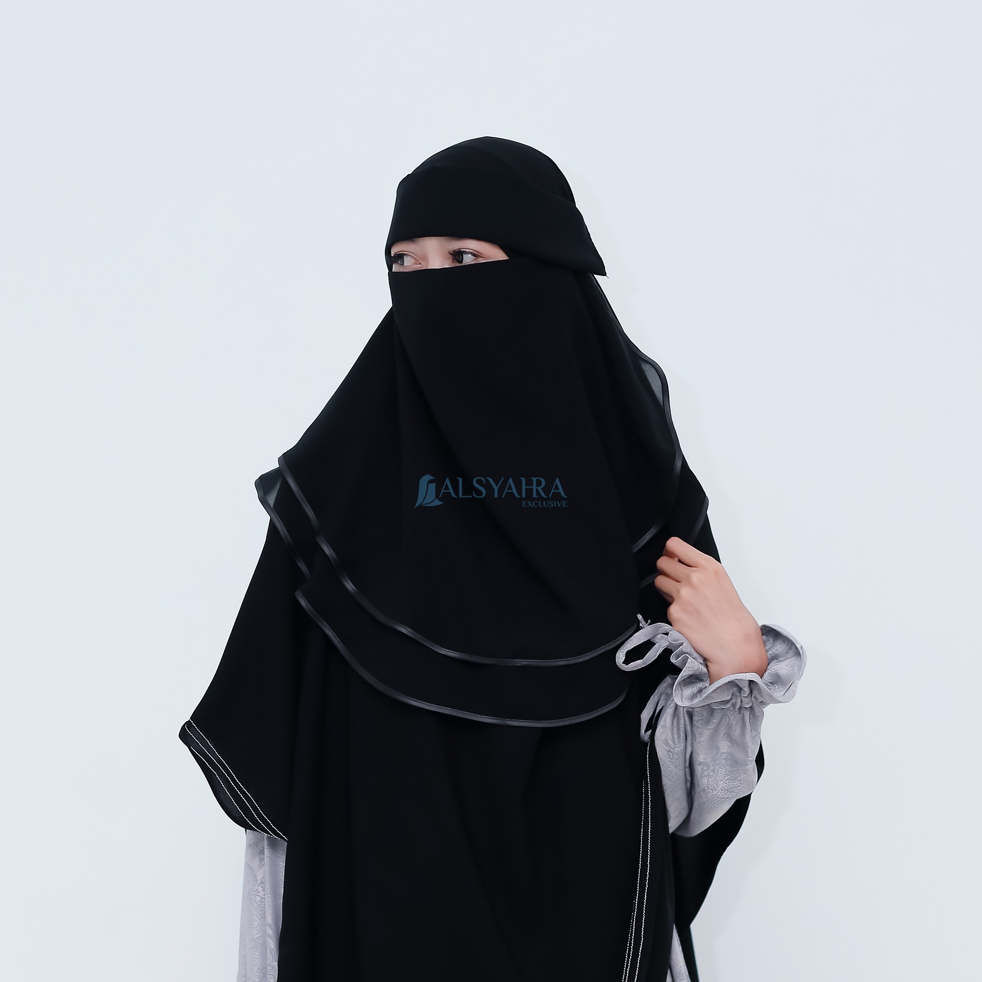 Alsyahra Exclusive - Niqab Poni Expand Bisban 2 Layer Sifon Silk Jetblack
