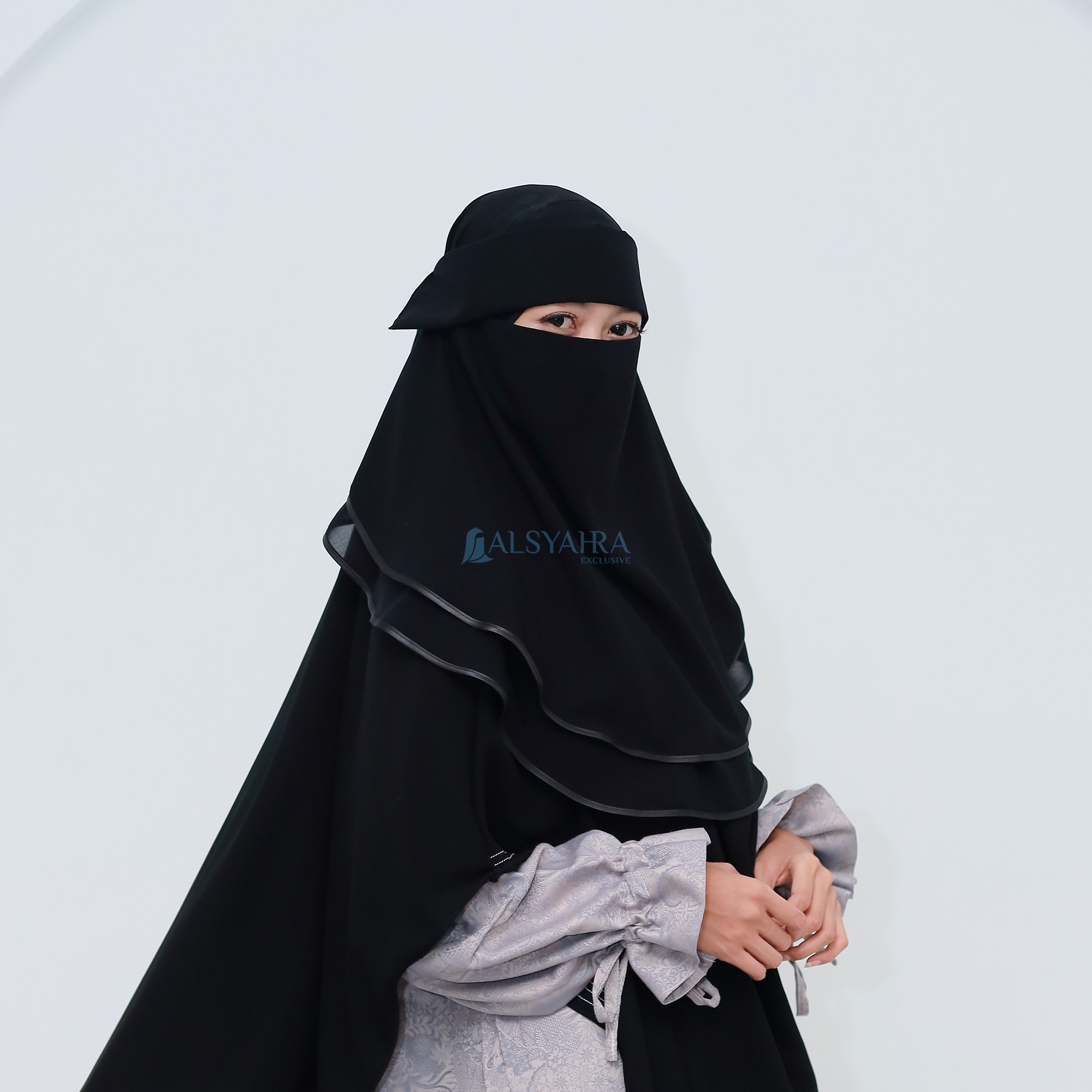 Alsyahra Exclusive - Niqab Poni Expand Bisban 2 Layer Sifon Silk Jetblack