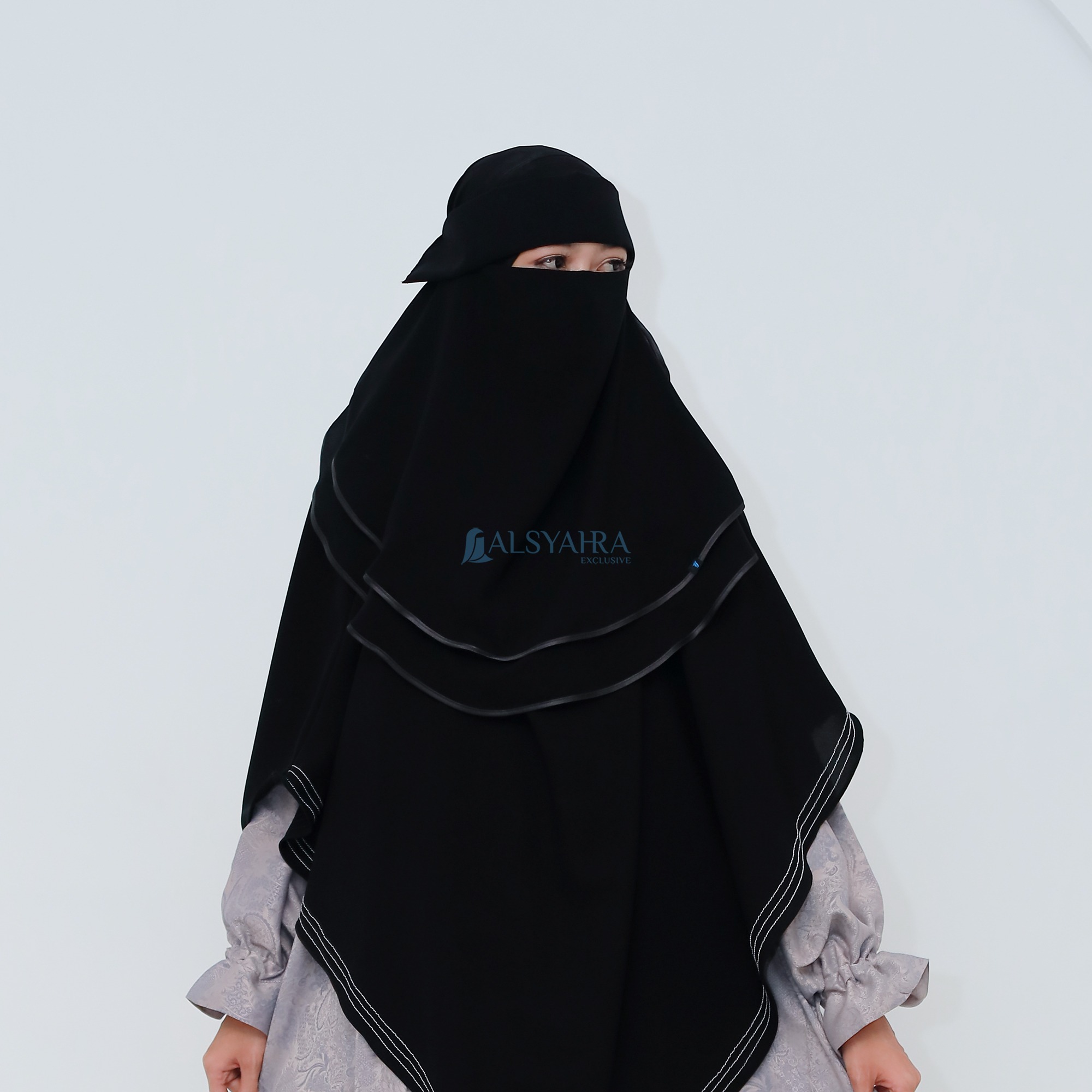Alsyahra Exclusive - Niqab Poni Expand Bisban 2 Layer Sifon Silk Jetblack