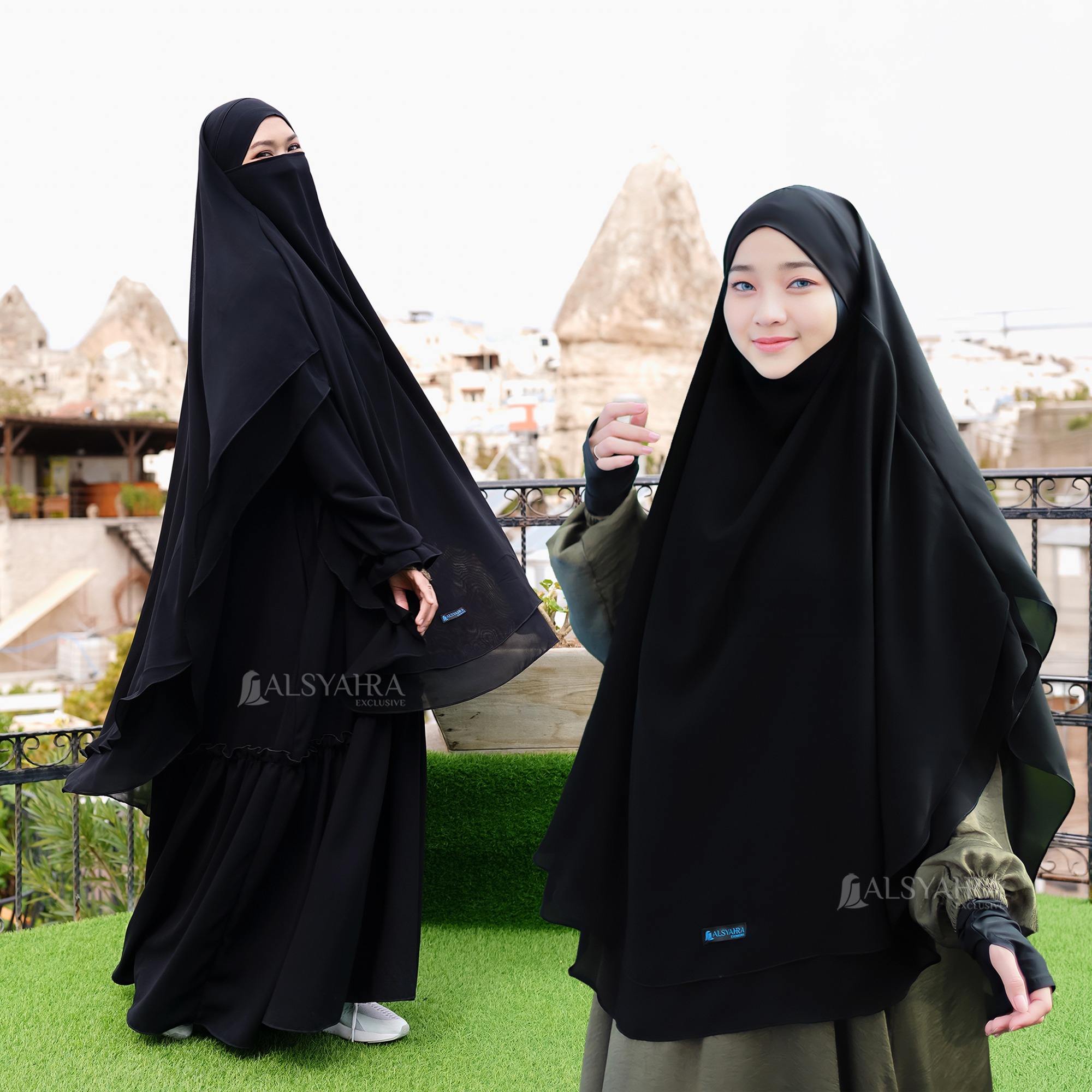 Alsyahra Exclusive - Khiban French Khimar Oval Handless Fatimah 2 Layer Sifon Silk Jetblack Arab