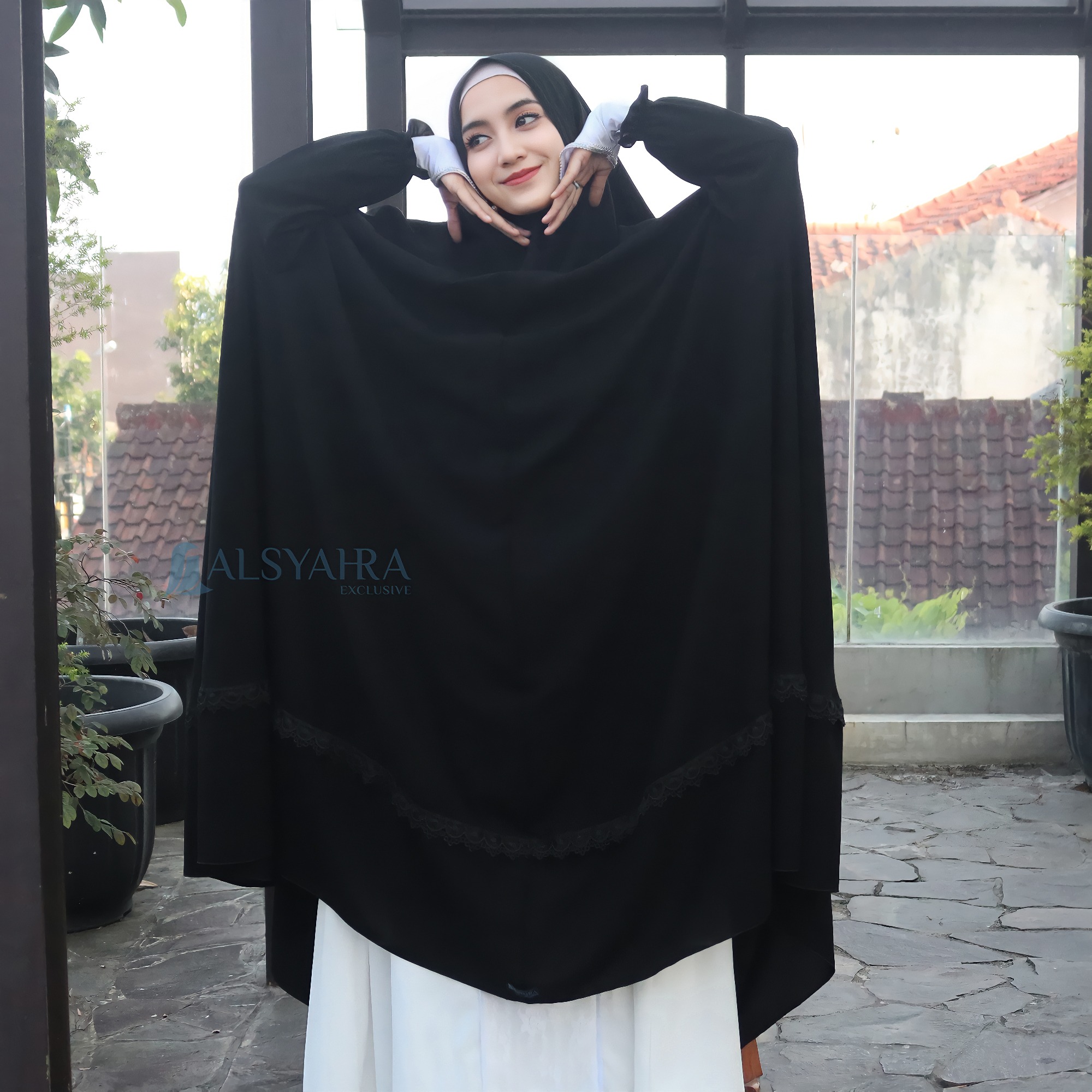 Alsyahra Exclusive - Set Long Khimar Lengan Like Mukena Shawalia Altaj Haramain Cadar Jetblack