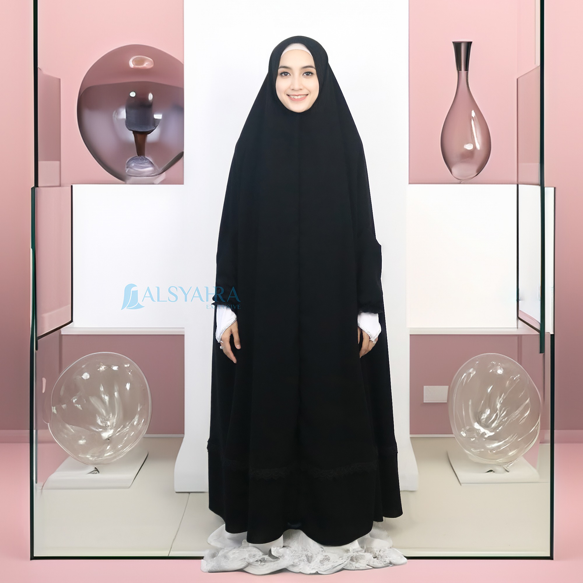 Alsyahra Exclusive - Set Long Khimar Lengan Like Mukena Shawalia Altaj Haramain Cadar Jetblack