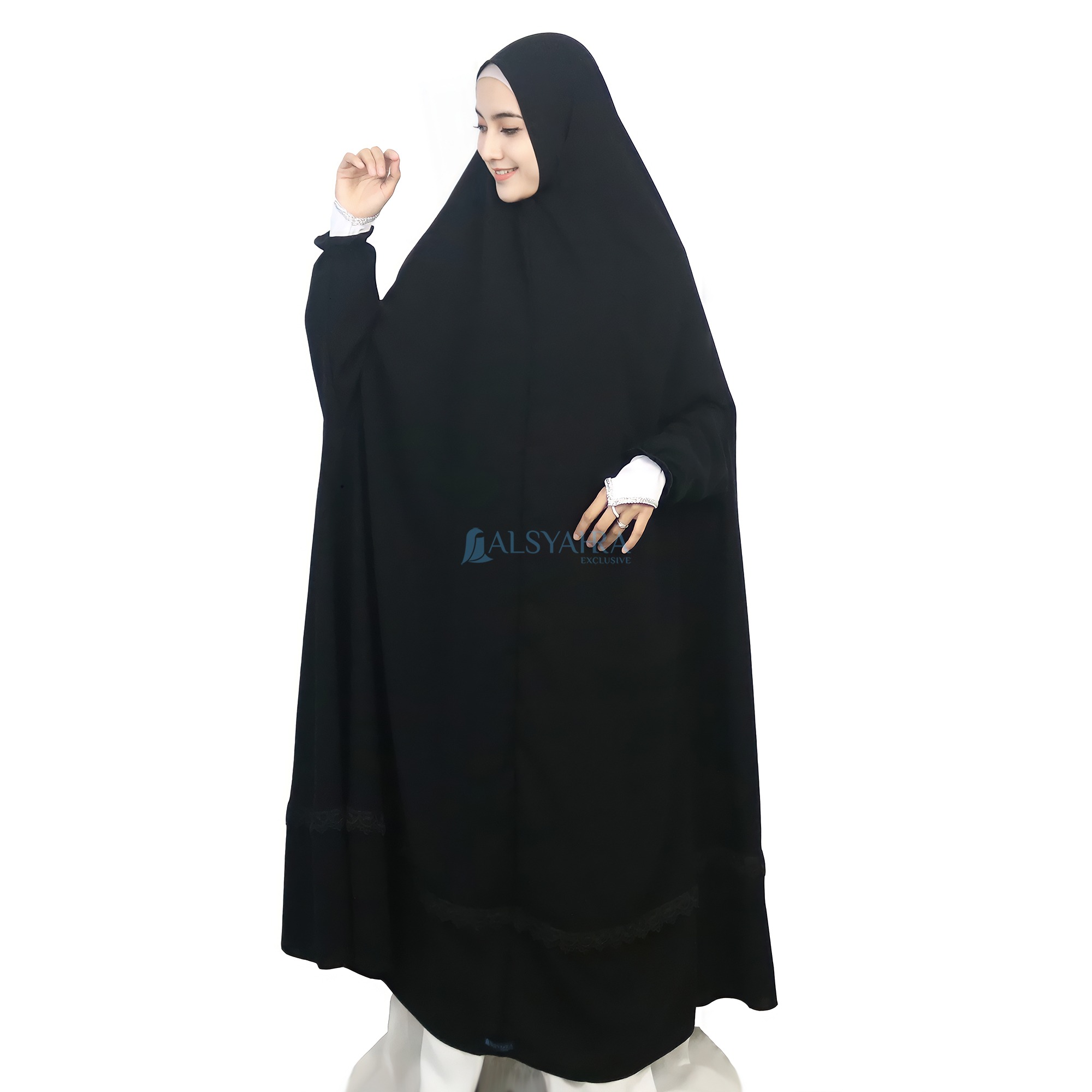Alsyahra Exclusive - Set Long Khimar Lengan Like Mukena Shawalia Altaj Haramain Cadar Jetblack
