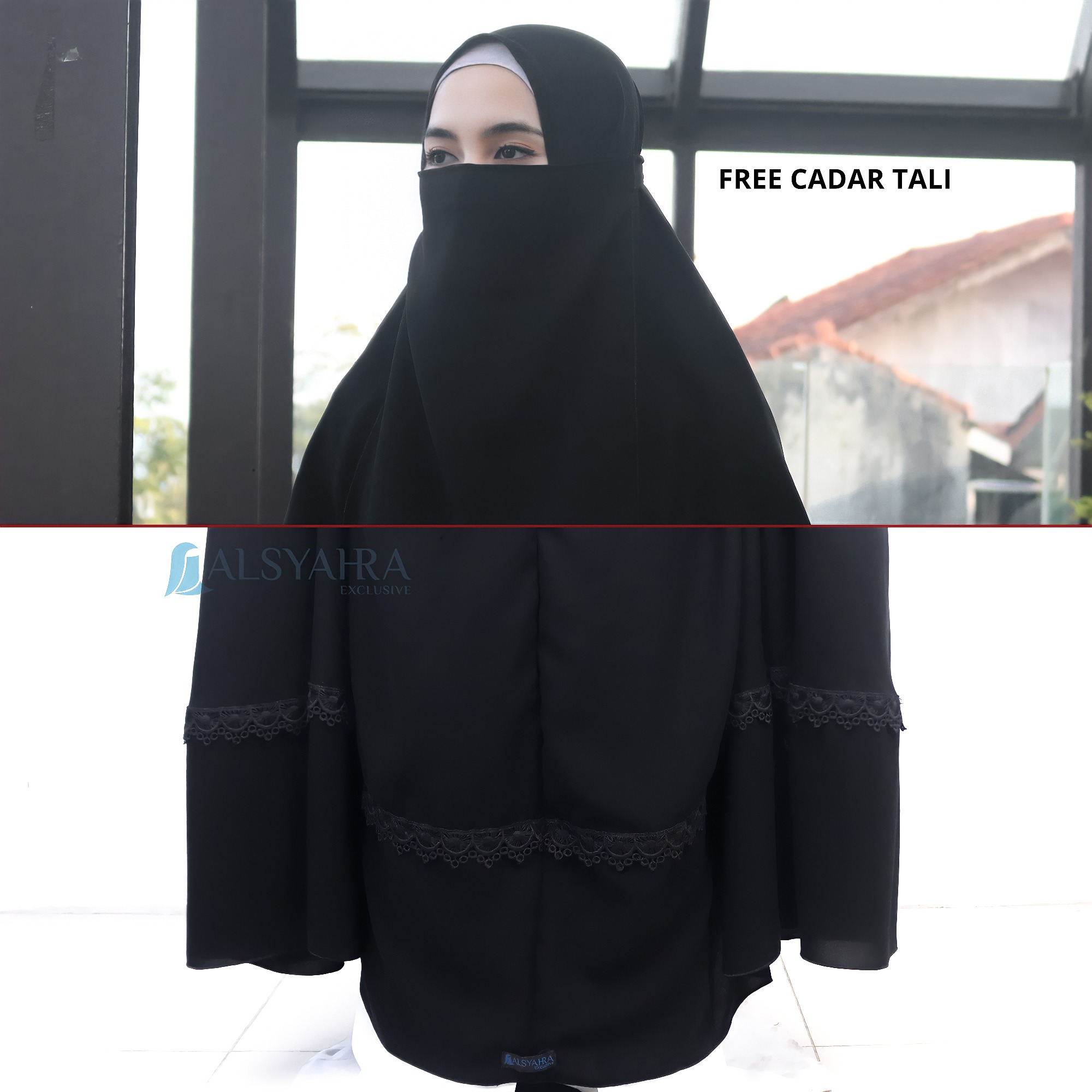 Alsyahra Exclusive - Set Long Khimar Lengan Like Mukena Shawalia Altaj Haramain Cadar Jetblack