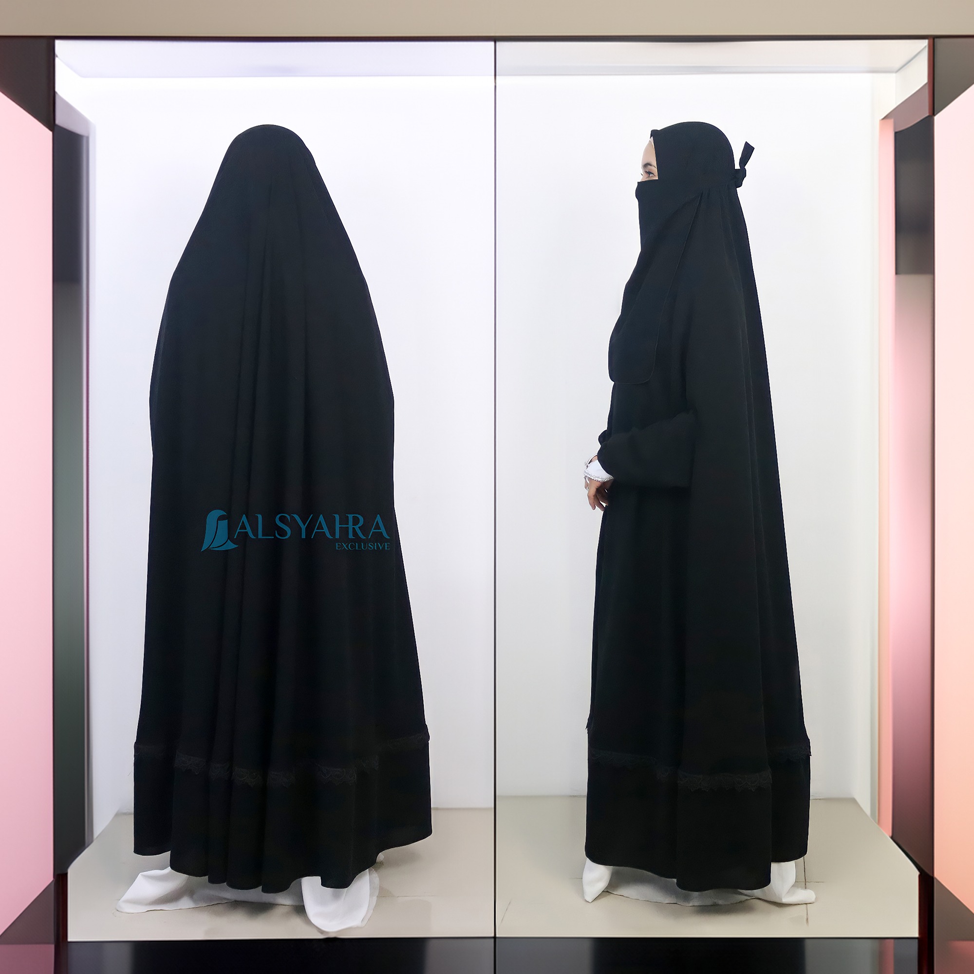 Alsyahra Exclusive - Set Long Khimar Lengan Like Mukena Shawalia Altaj Haramain Cadar Jetblack