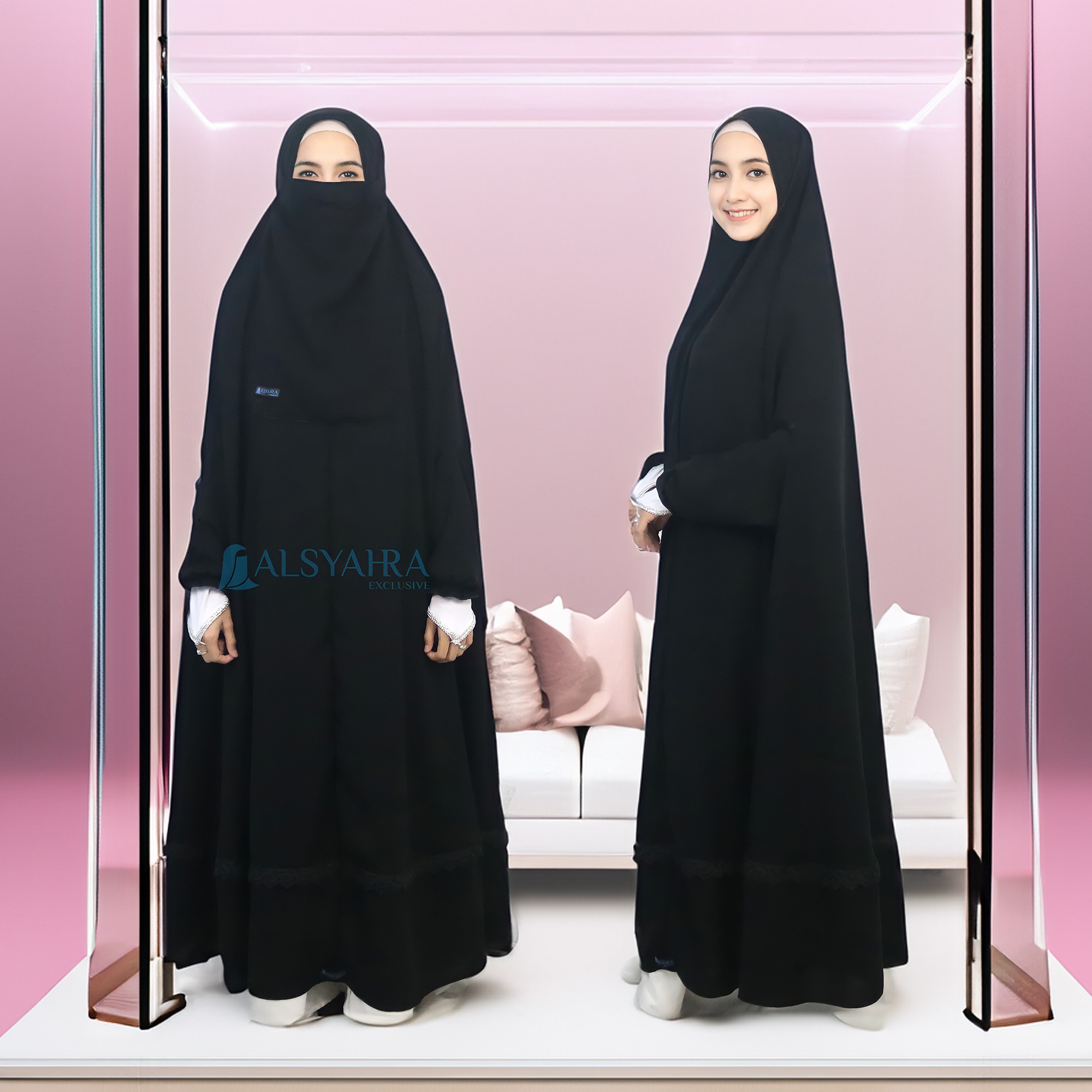 Alsyahra Exclusive - Set Long Khimar Lengan Like Mukena Shawalia Altaj Haramain Cadar Jetblack