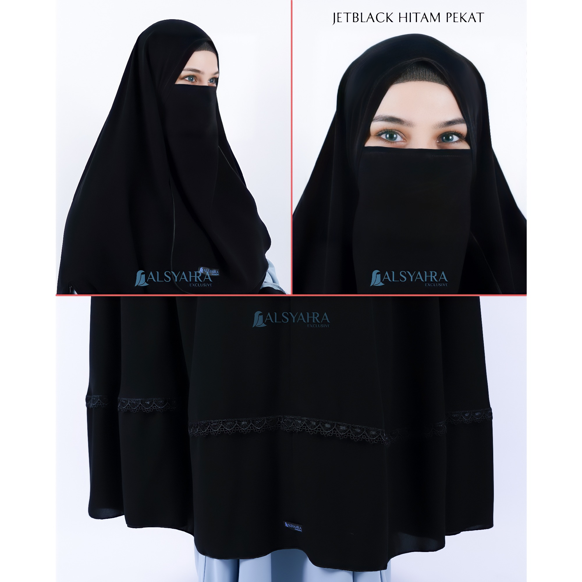 Alsyahra Exclusive - Set Long Khimar Lengan Like Mukena Shawalia Altaj Haramain Cadar Jetblack