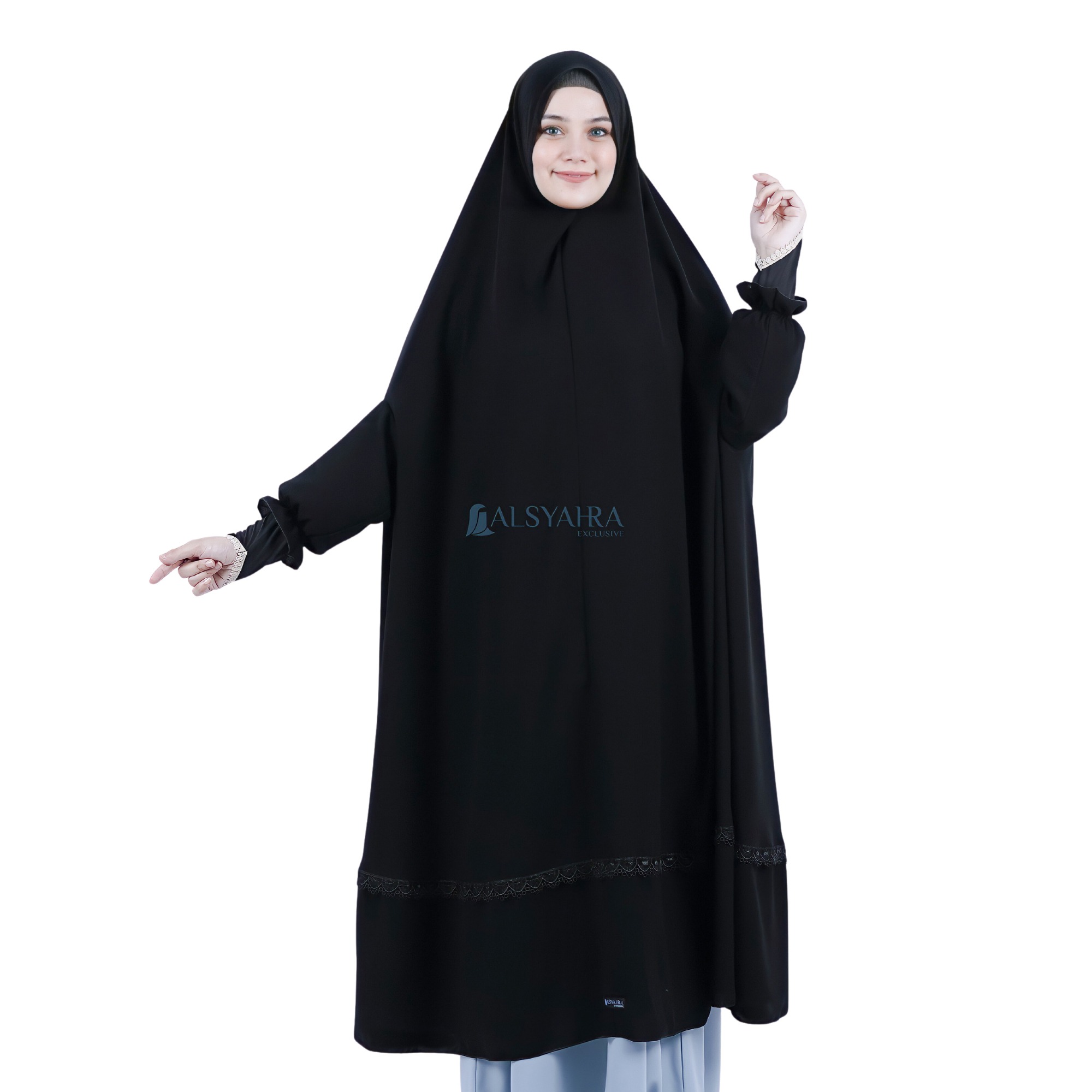 Alsyahra Exclusive - Set Long Khimar Lengan Like Mukena Shawalia Altaj Haramain Cadar Jetblack