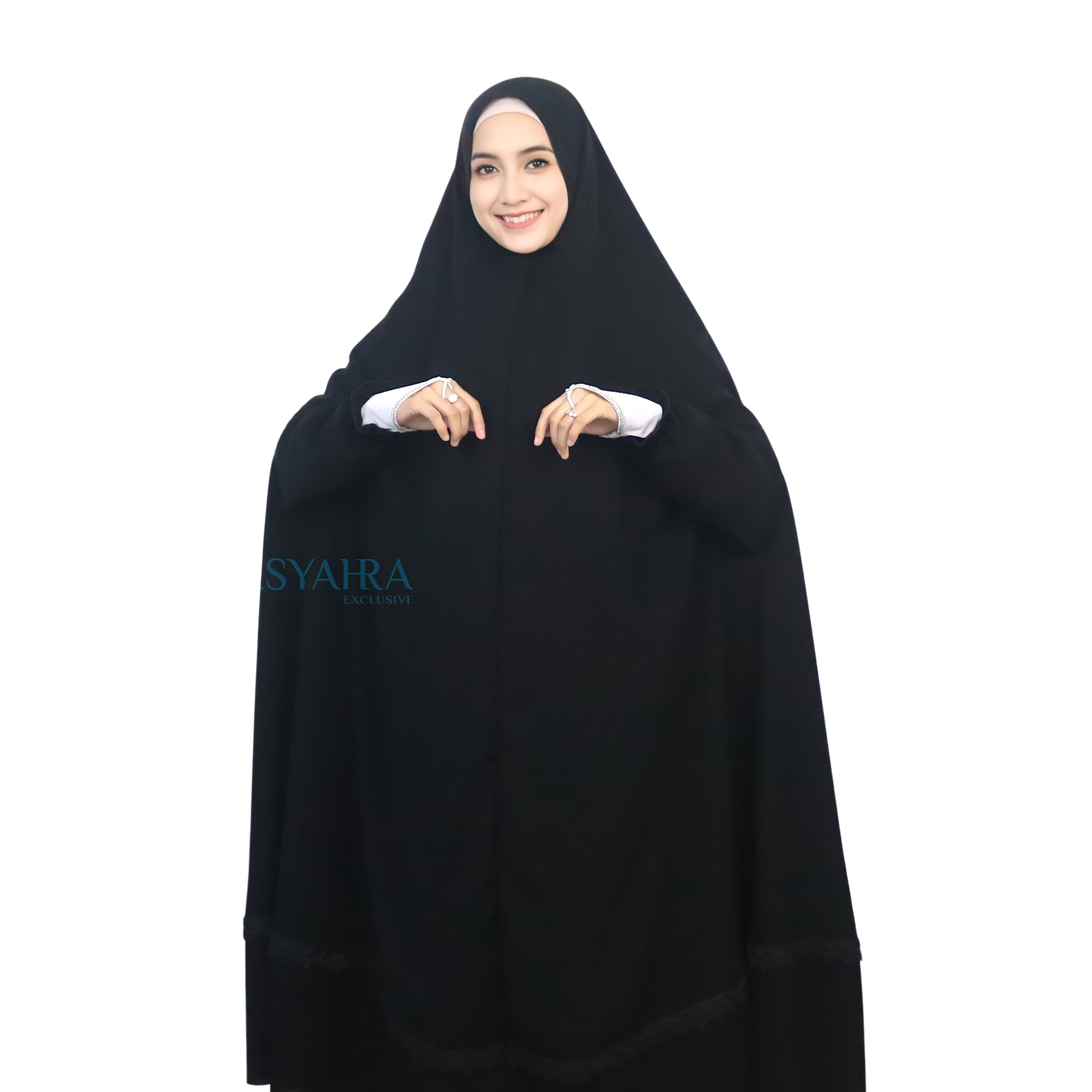 Alsyahra Exclusive - Set Long Khimar Lengan Like Mukena Shawalia Altaj Haramain Cadar Jetblack