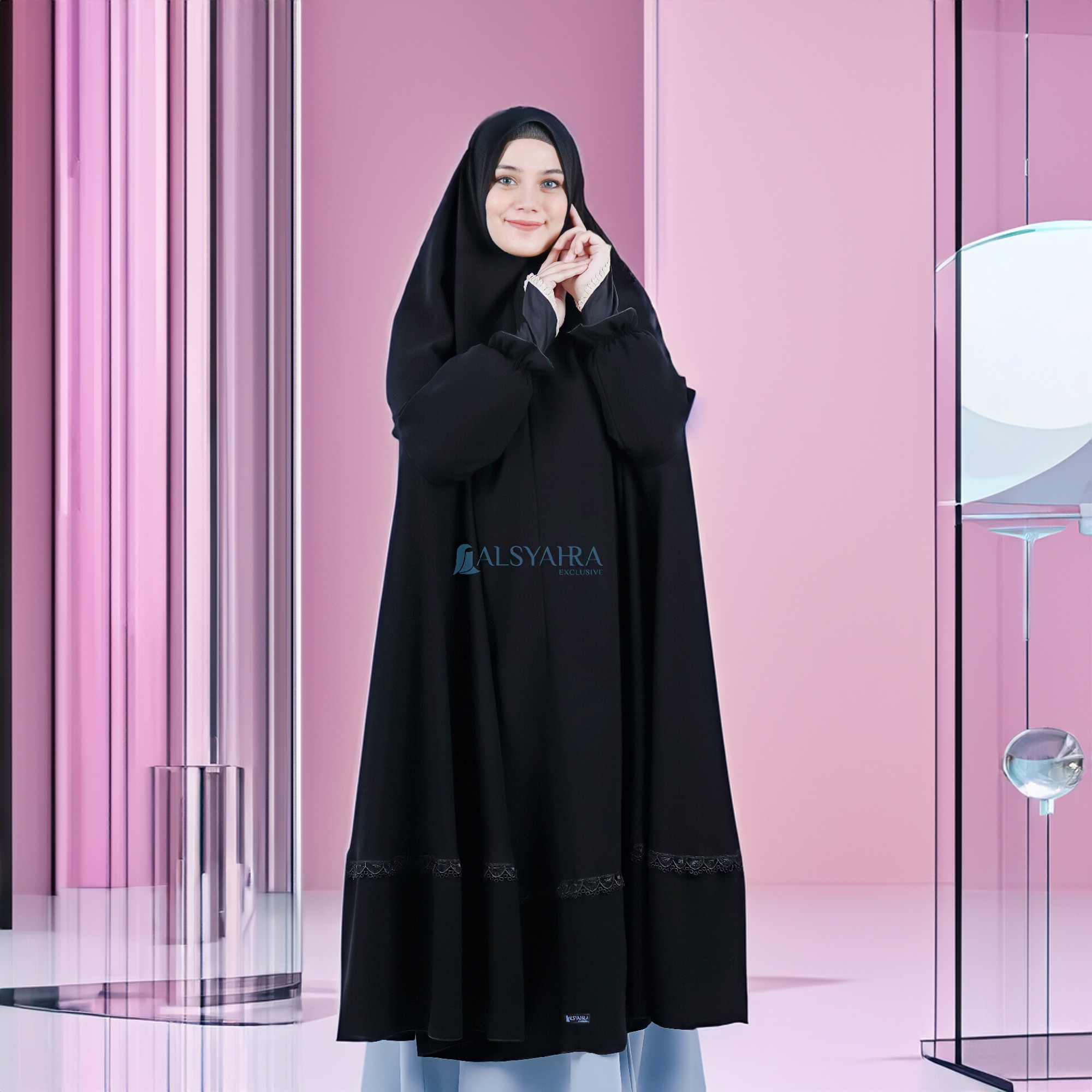 Alsyahra Exclusive - Set Long Khimar Lengan Like Mukena Shawalia Altaj Haramain Cadar Jetblack