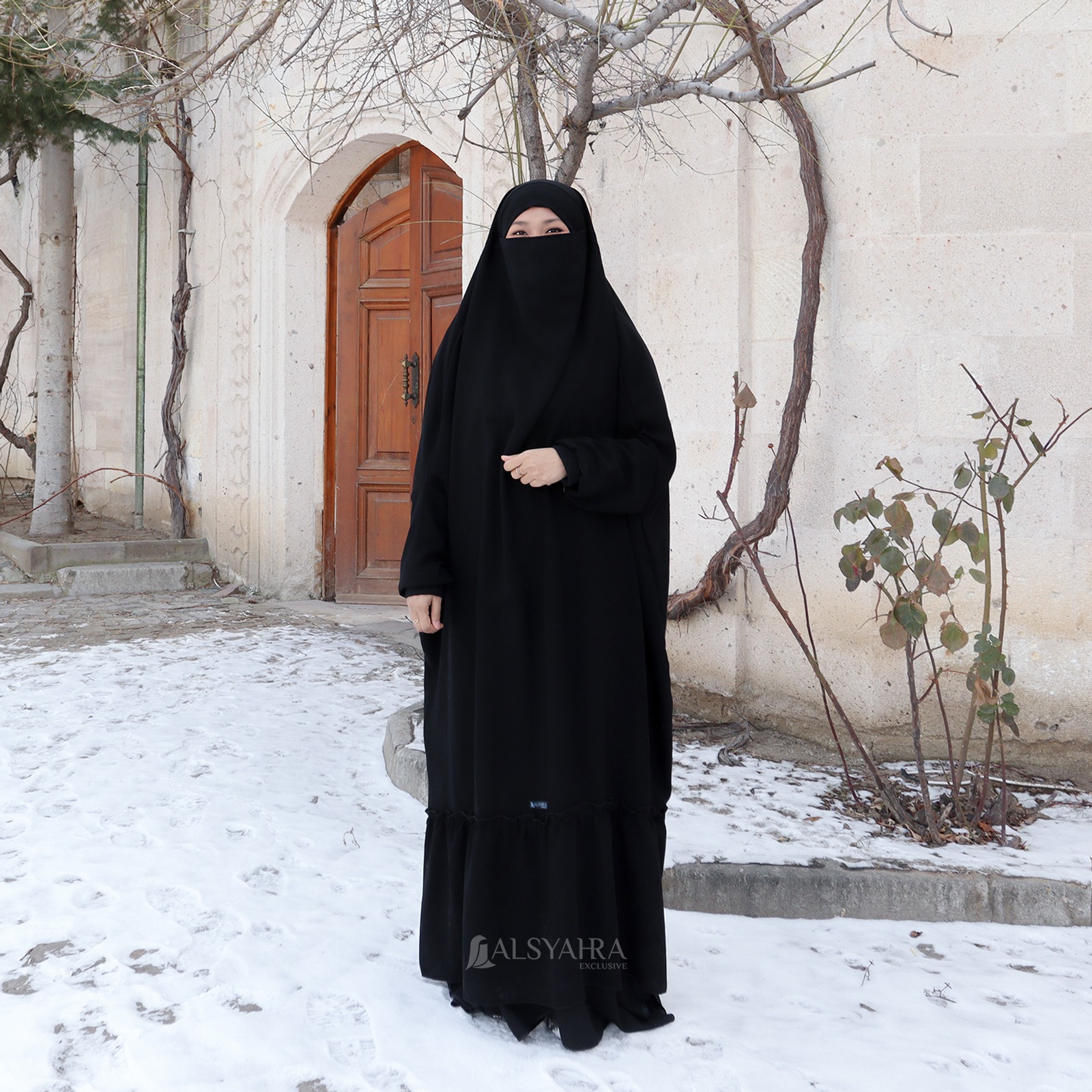 Alsyahra Exclusive - Long Khiban French Khimar Lengan Like Mukena Zahira Haramain Soft Jetblack