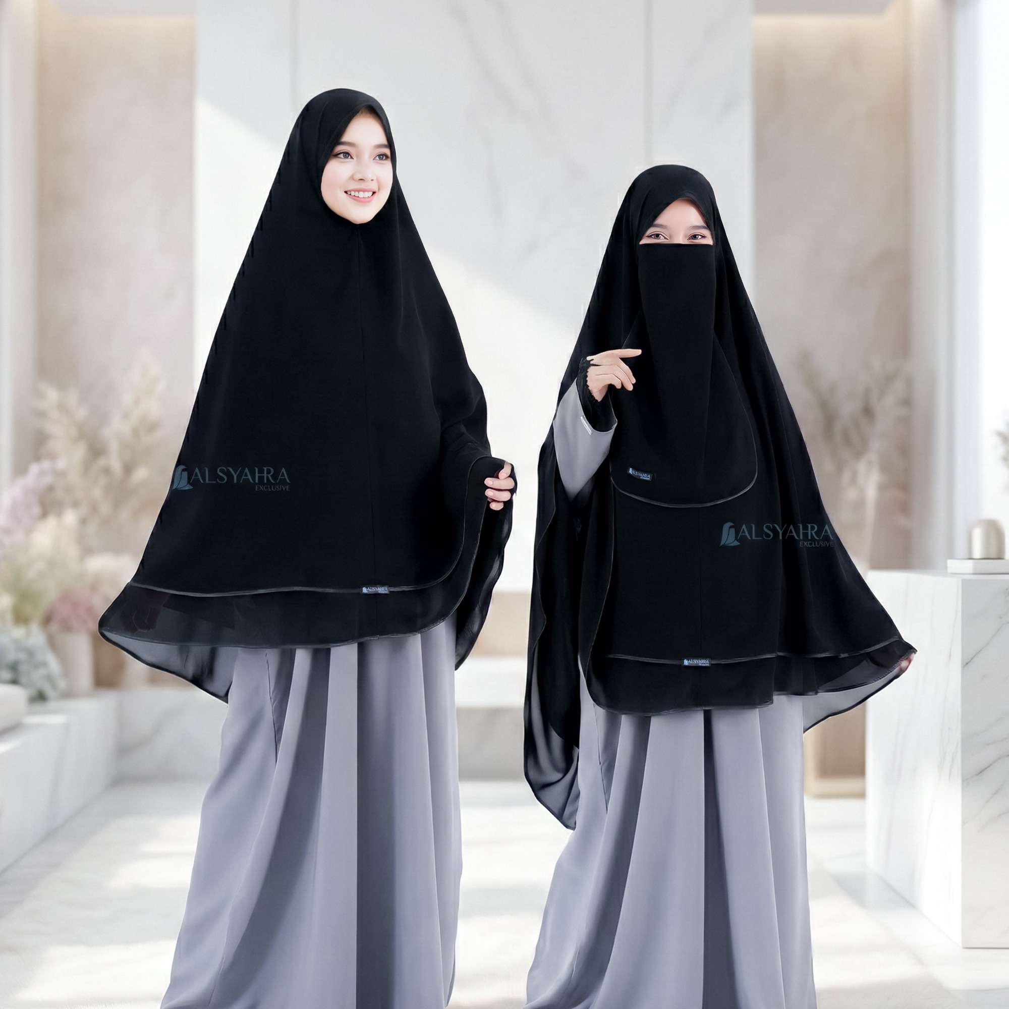 Alsyahra Exclusive - Set Khimar Syari Butterfly 2 Layer Cadar Tali Sifon Silk Jetblack Arab Size XL