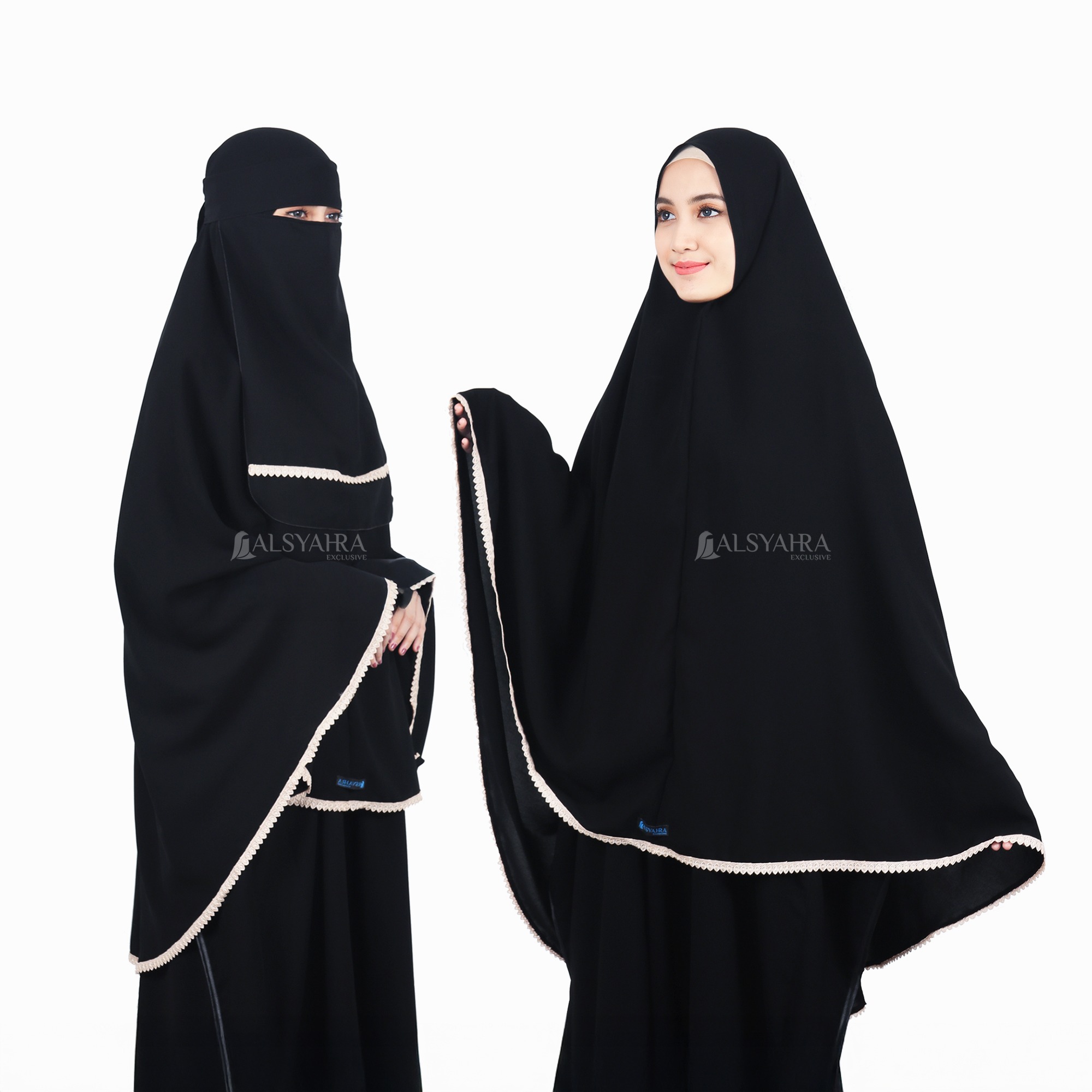 Alsyahra Exclusive - Set Khimar Syari Halimah Niqab Bandana Soft Jetblack Size XL