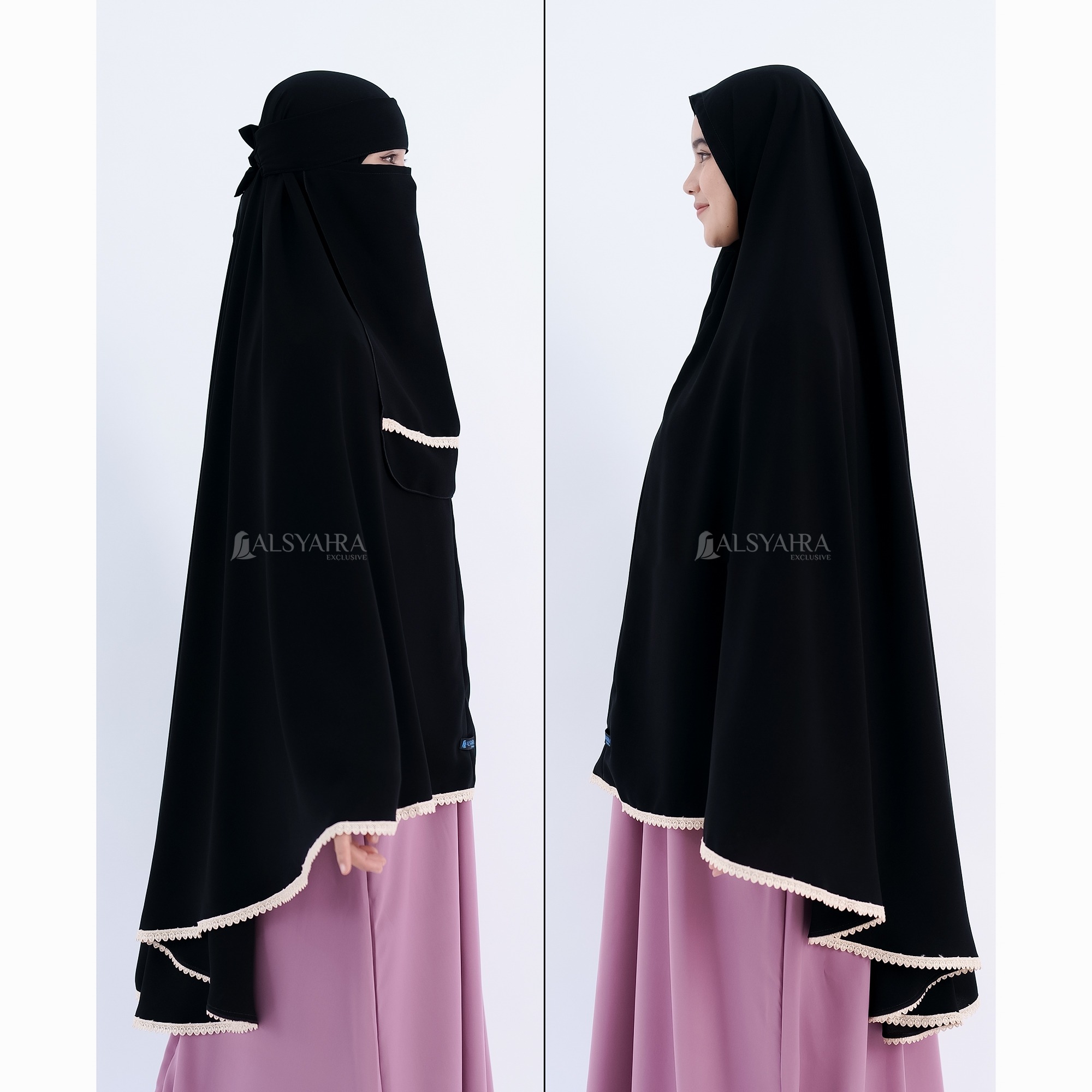 Alsyahra Exclusive - Set Khimar Syari Halimah Niqab Bandana Soft Jetblack Size XL