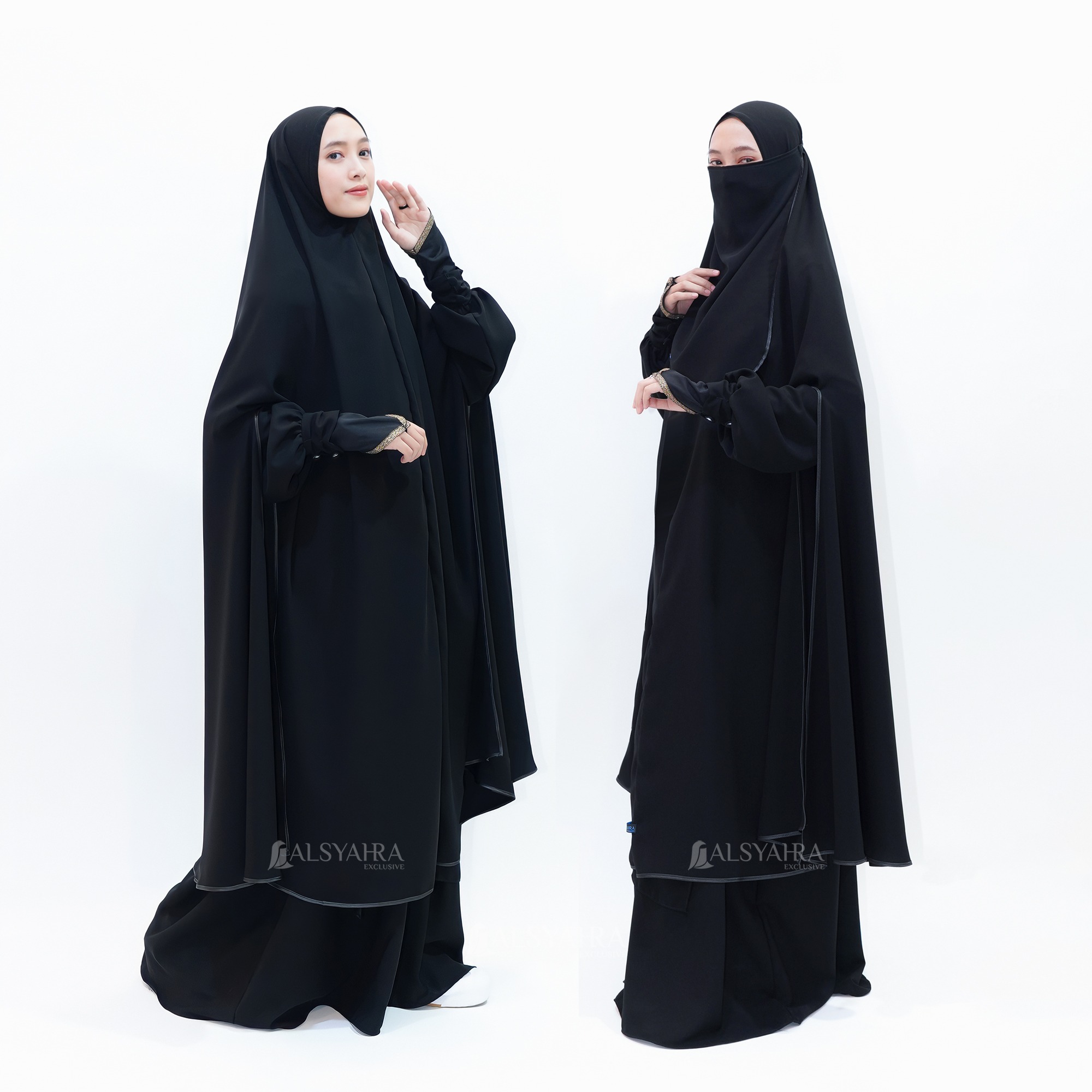 Alsyahra Exclusive - Set Long Khimar Syari Handsplit Haramain Cadar Tali Jetblack Jumbo