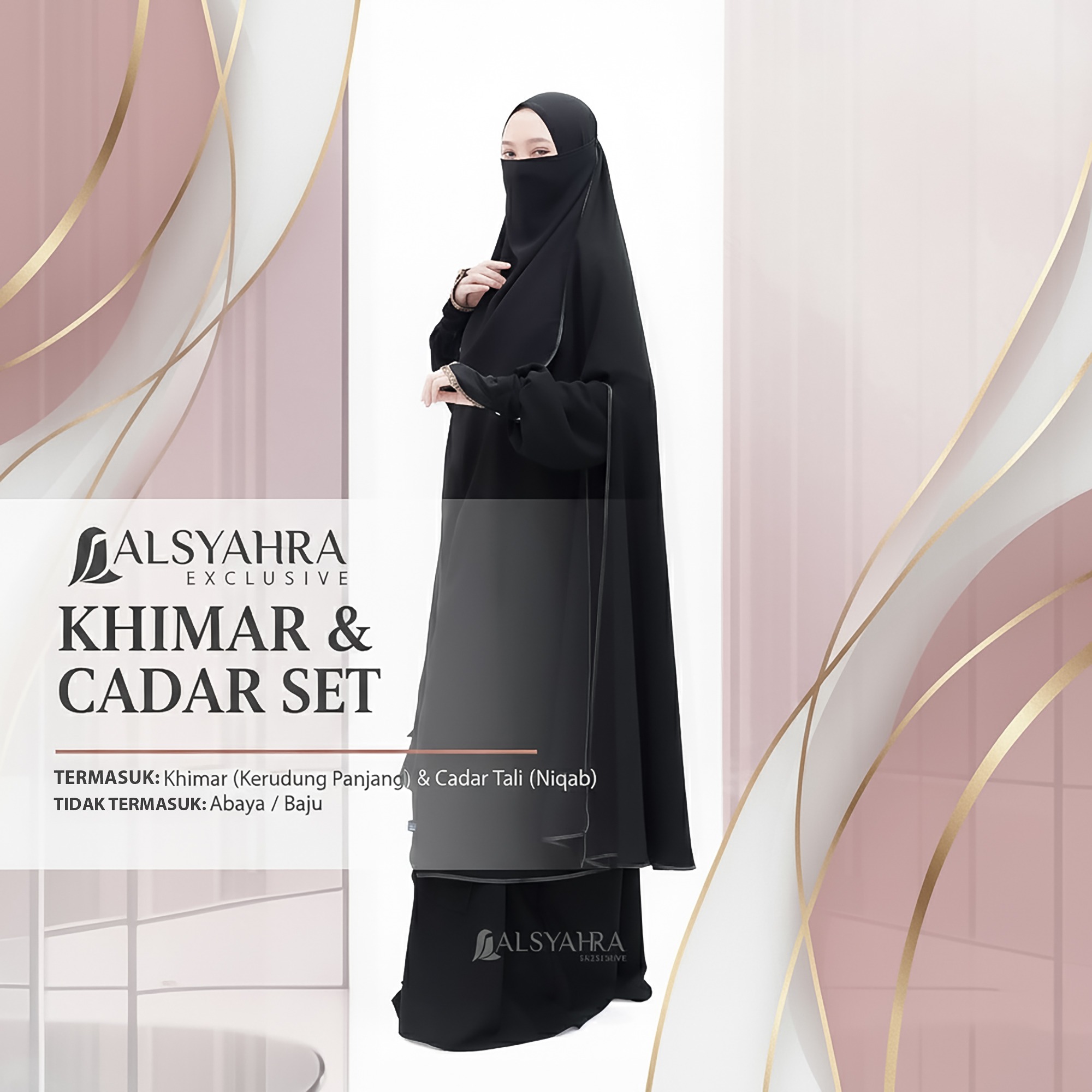 Alsyahra Exclusive - Set Long Khimar Syari Handsplit Haramain Cadar Tali Jetblack Jumbo