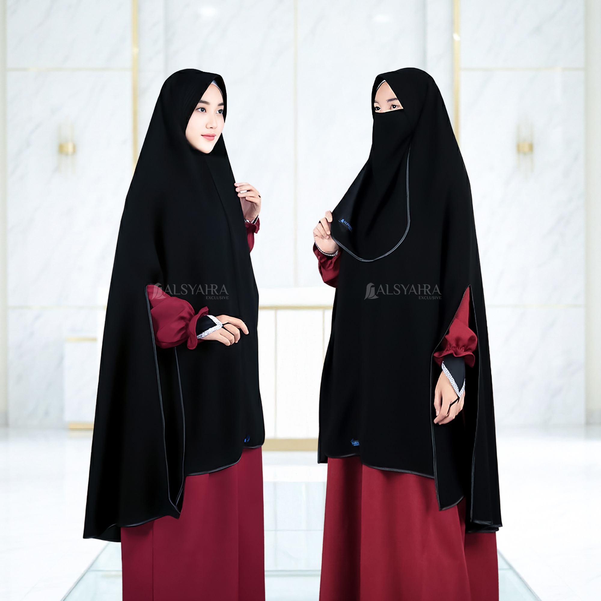 Alsyahra Exclusive - Set Khimar Syari Handsplit Bisban PAD Cadar Tali Jetblack