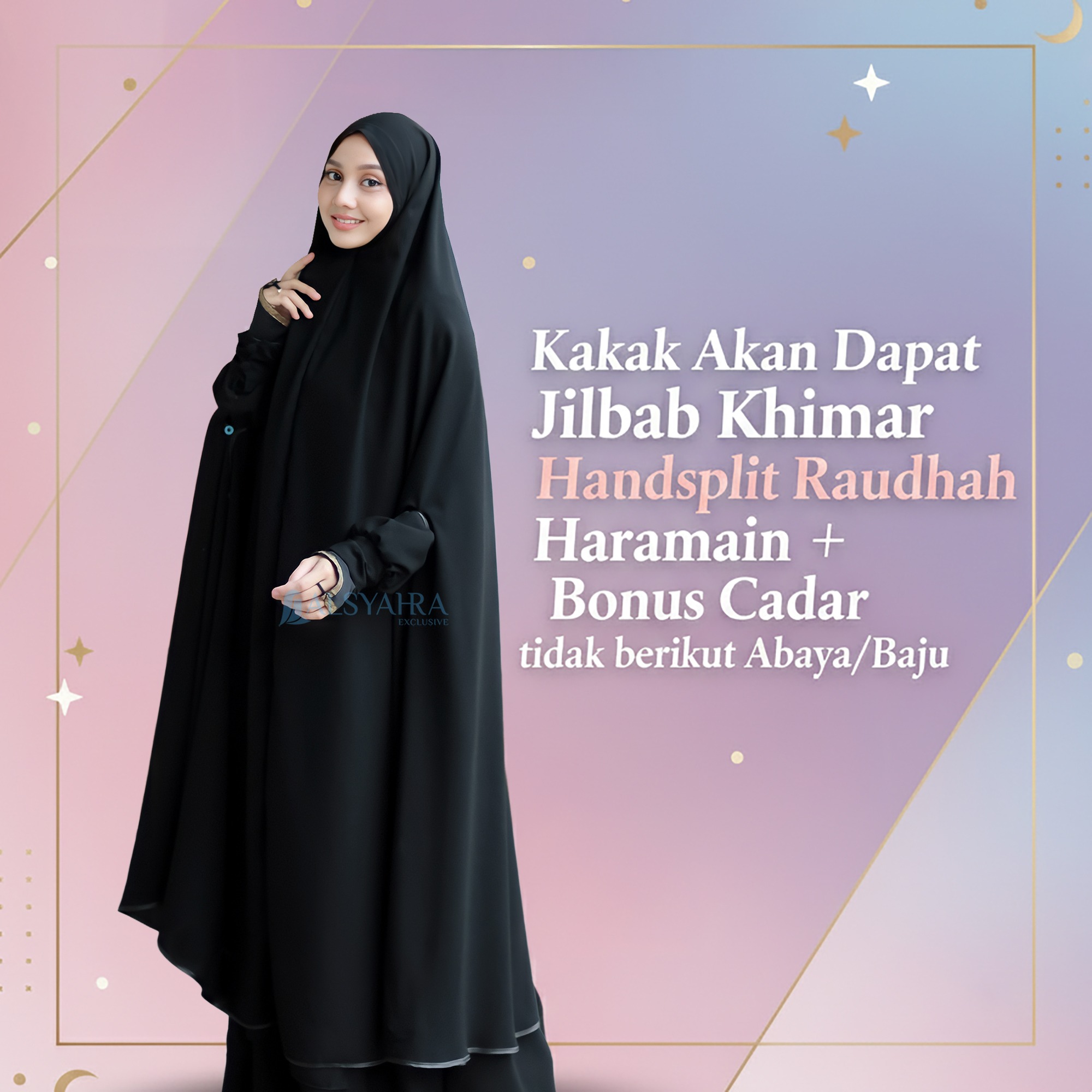 Alsyahra Exclusive - Set Long Khimar Like Mukena Handsplit Raudhah Haramain Cadar Jetblack