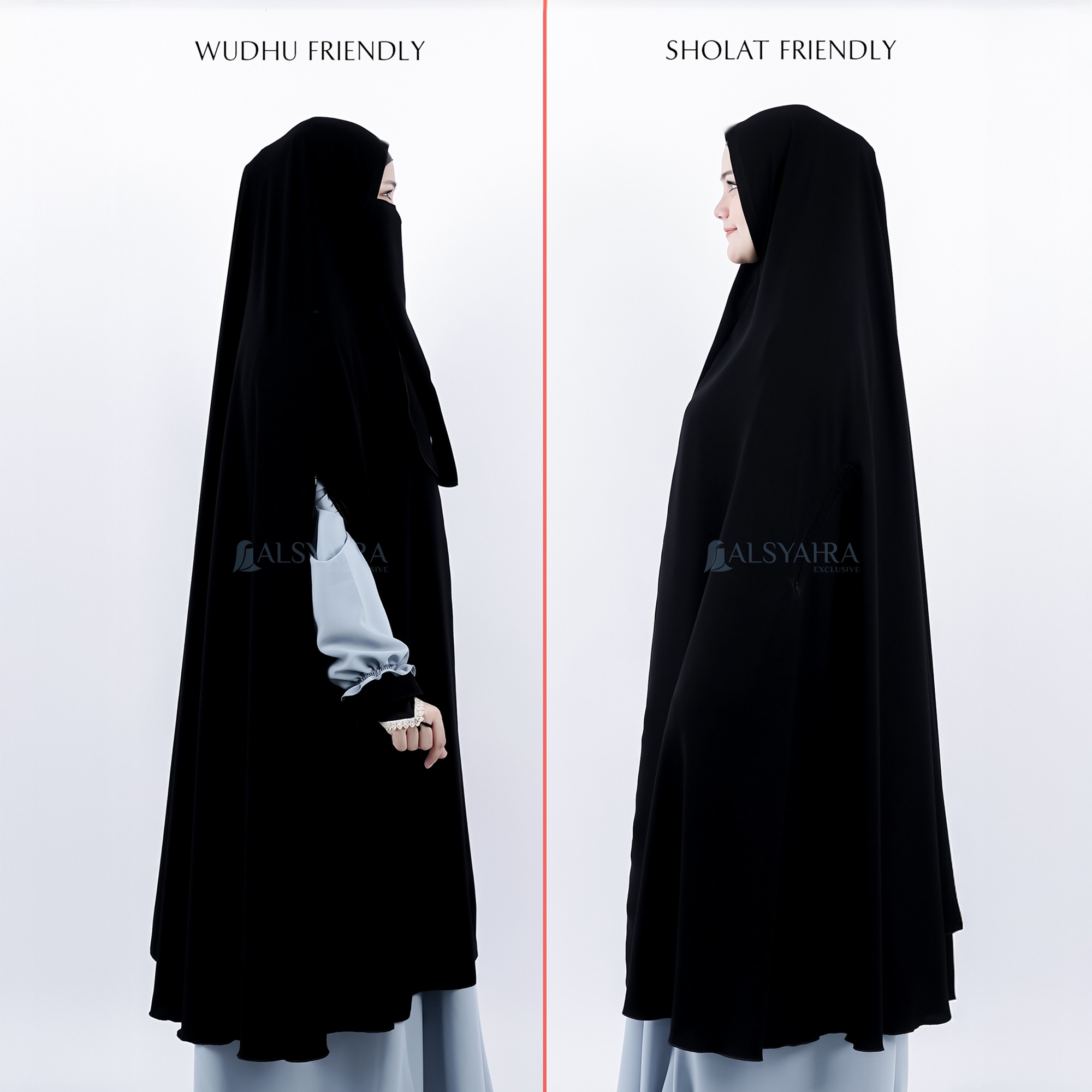 Alsyahra Exclusive - Set Long Khimar Like Mukena Handzipper Haramain Cadar Tali Jetblack