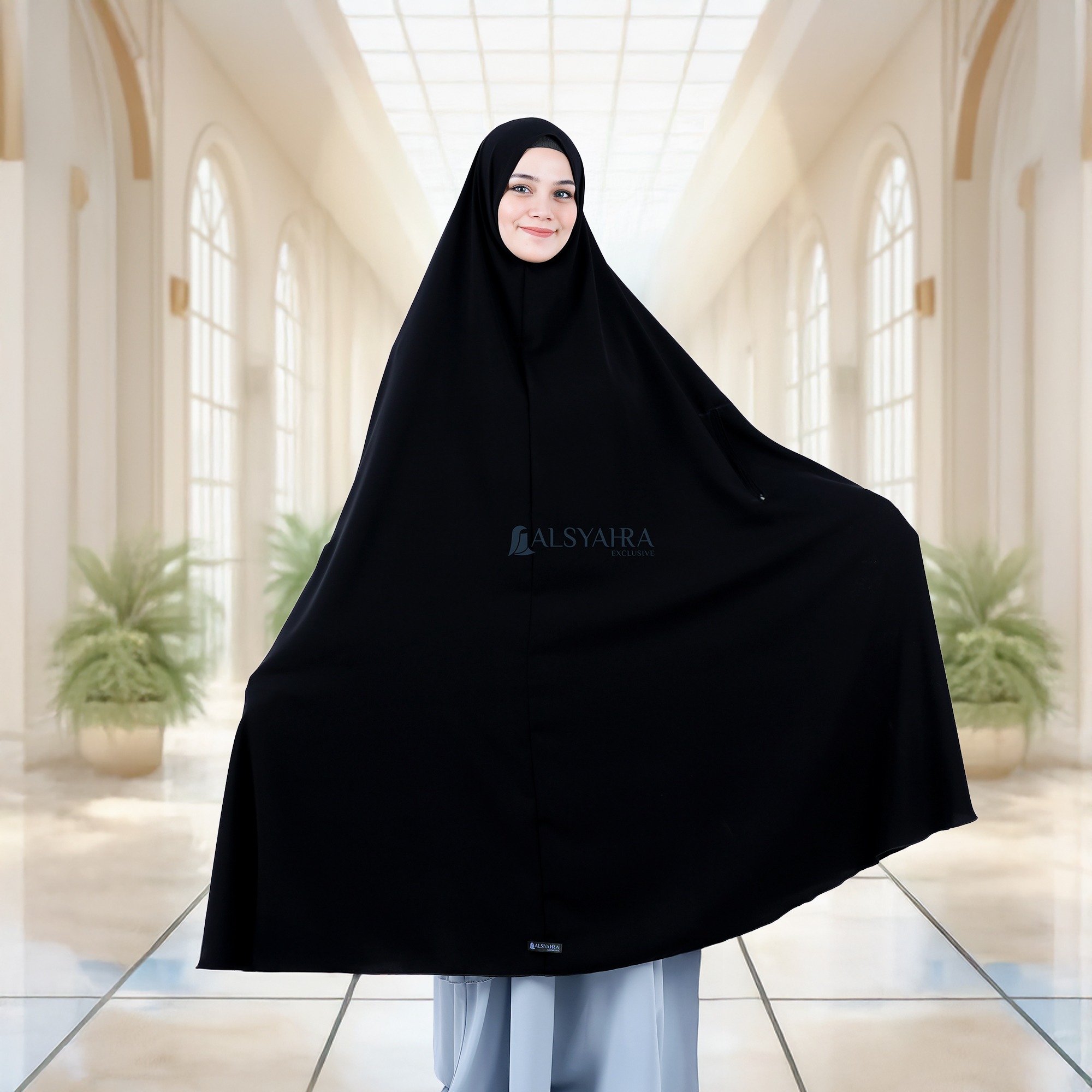Alsyahra Exclusive - Set Long Khimar Like Mukena Handzipper Haramain Cadar Tali Jetblack