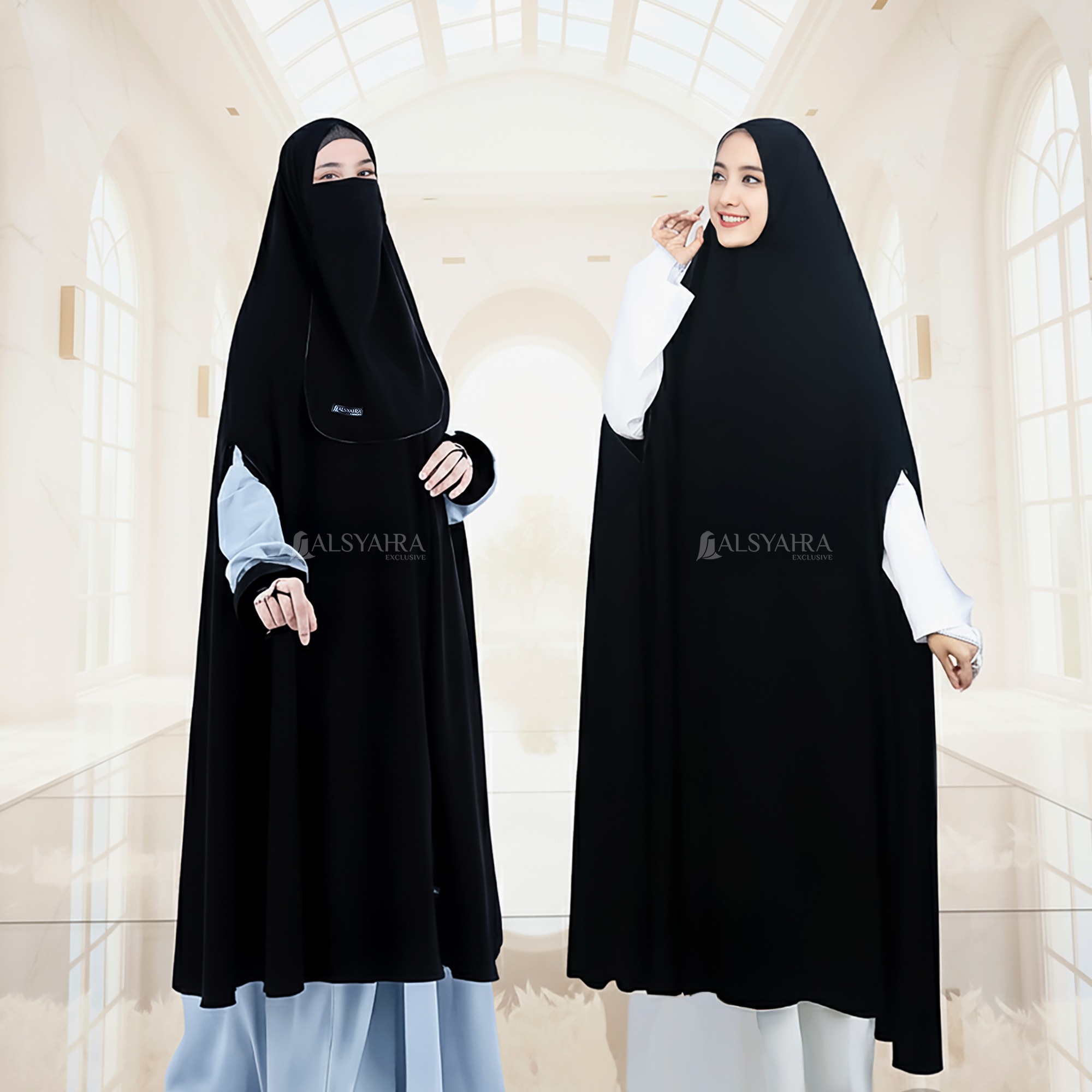 Alsyahra Exclusive - Set Long Khimar Like Mukena Handzipper Haramain Cadar Tali Jetblack