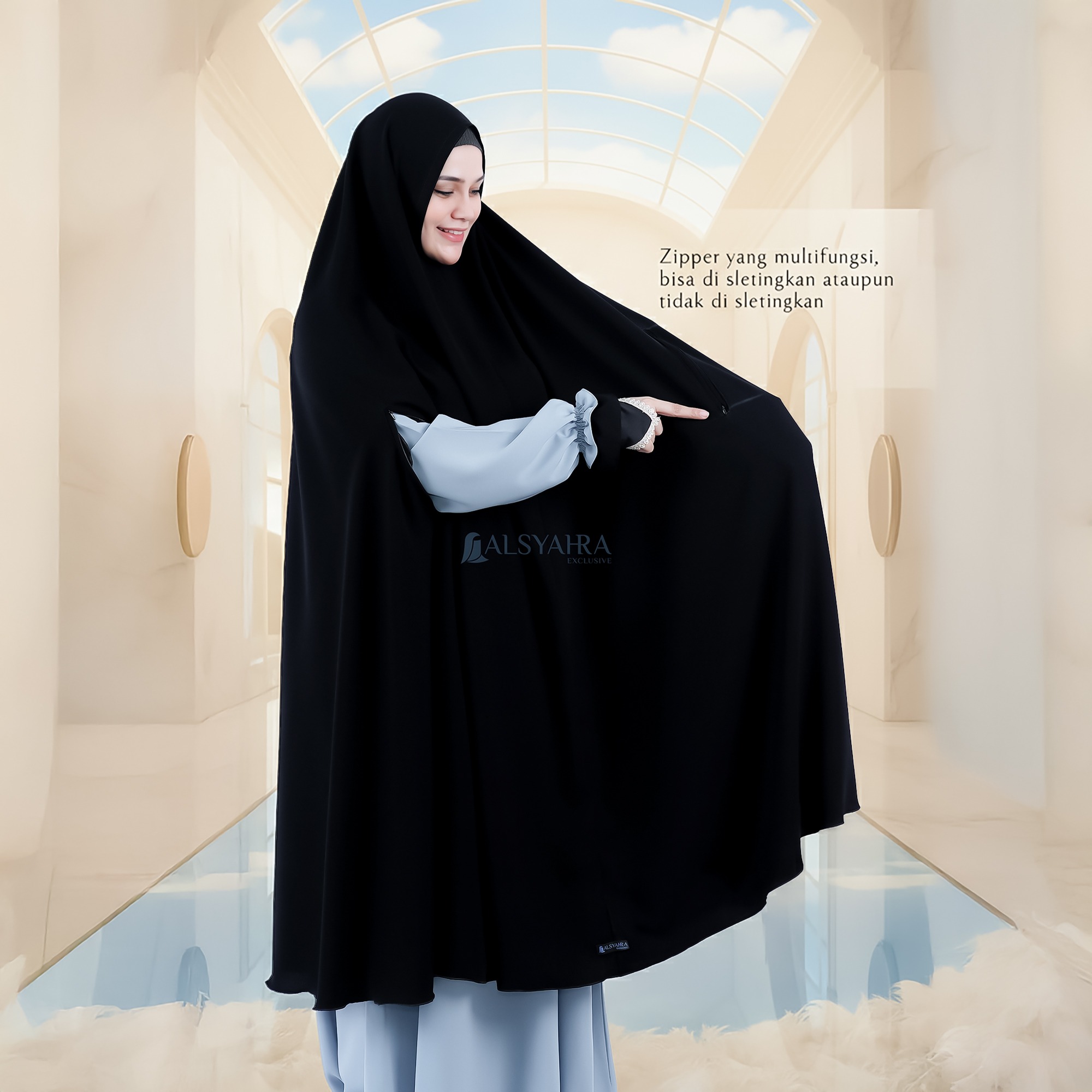 Alsyahra Exclusive - Set Long Khimar Like Mukena Handzipper Haramain Cadar Tali Jetblack
