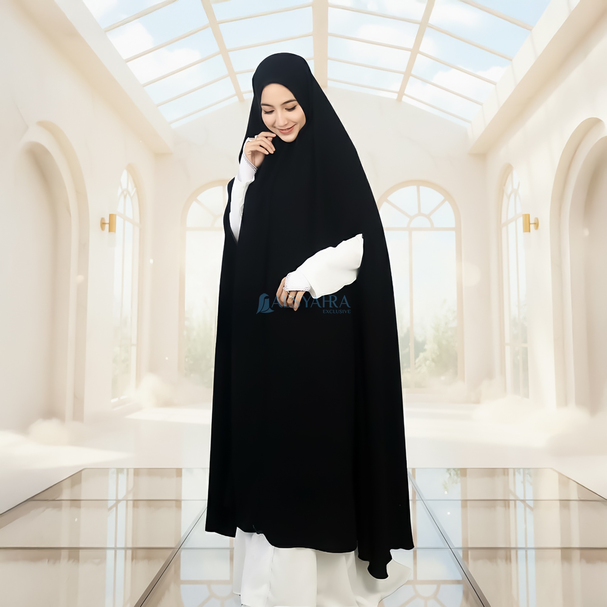 Alsyahra Exclusive - Set Long Khimar Like Mukena Handzipper Haramain Cadar Tali Jetblack