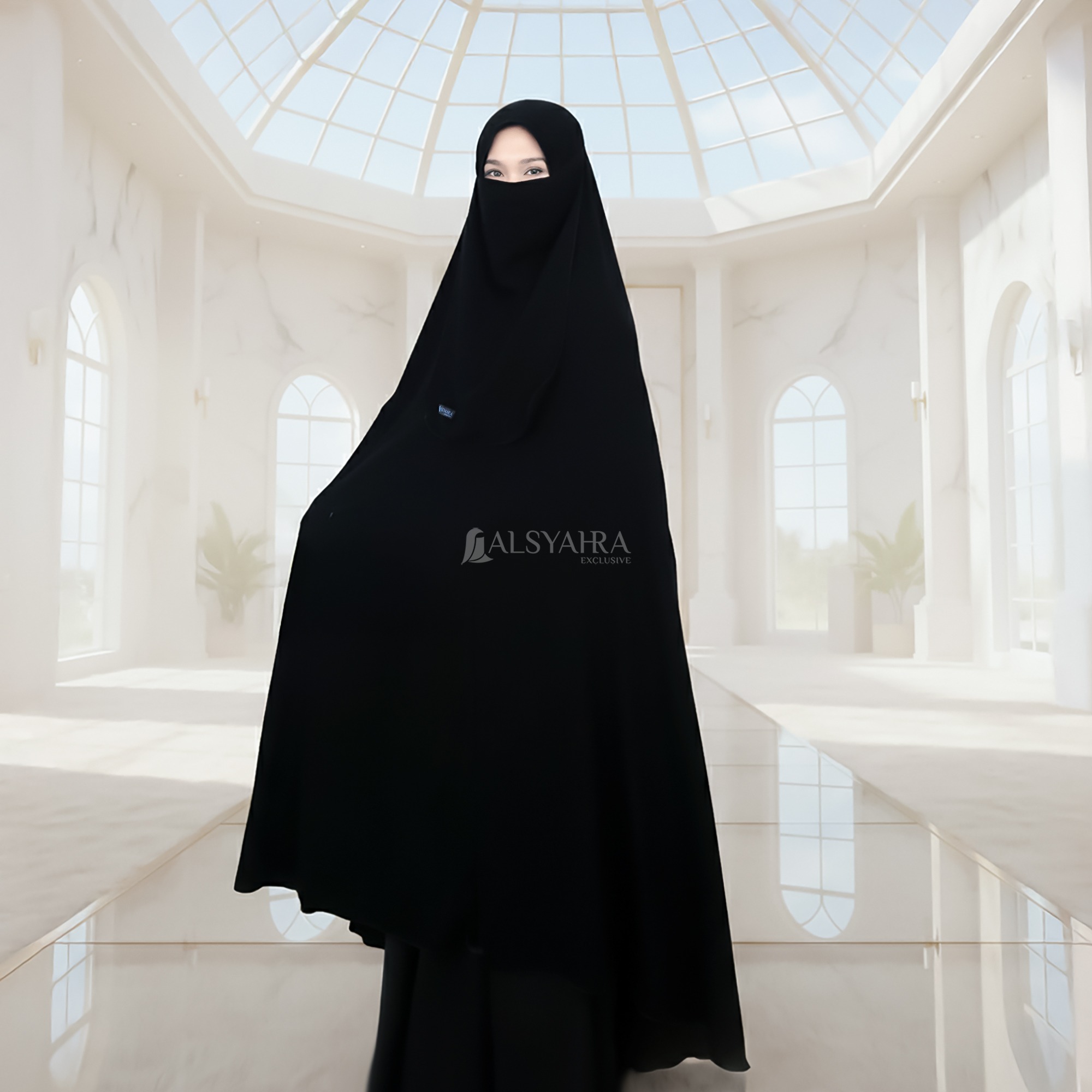 Alsyahra Exclusive - Set Long Khimar Like Mukena Handzipper Haramain Cadar Tali Jetblack