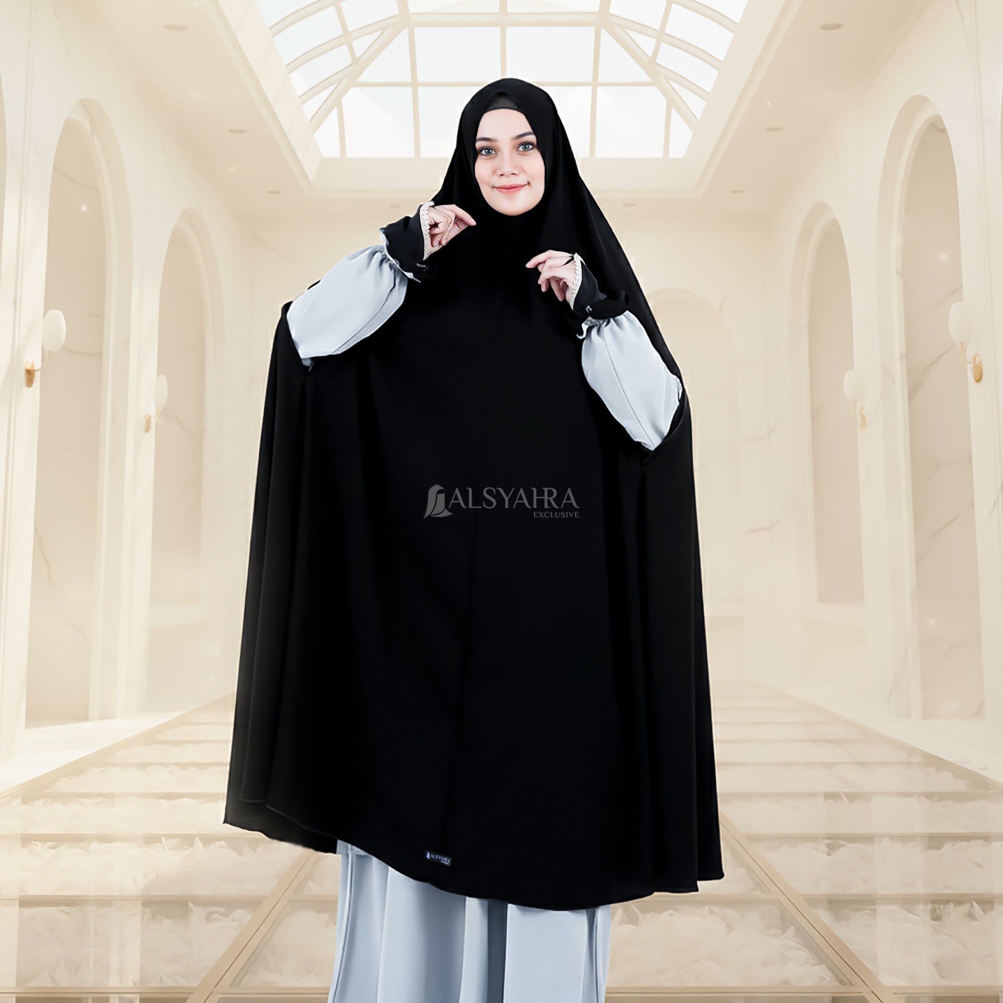 Alsyahra Exclusive - Set Long Khimar Like Mukena Handzipper Haramain Cadar Tali Jetblack