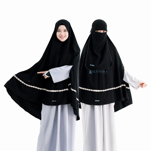 Image of Alsyahra Exclusive - Set Khimar Syari Handzipper Nailah Niqab Poni Soft Jetblack Size XL