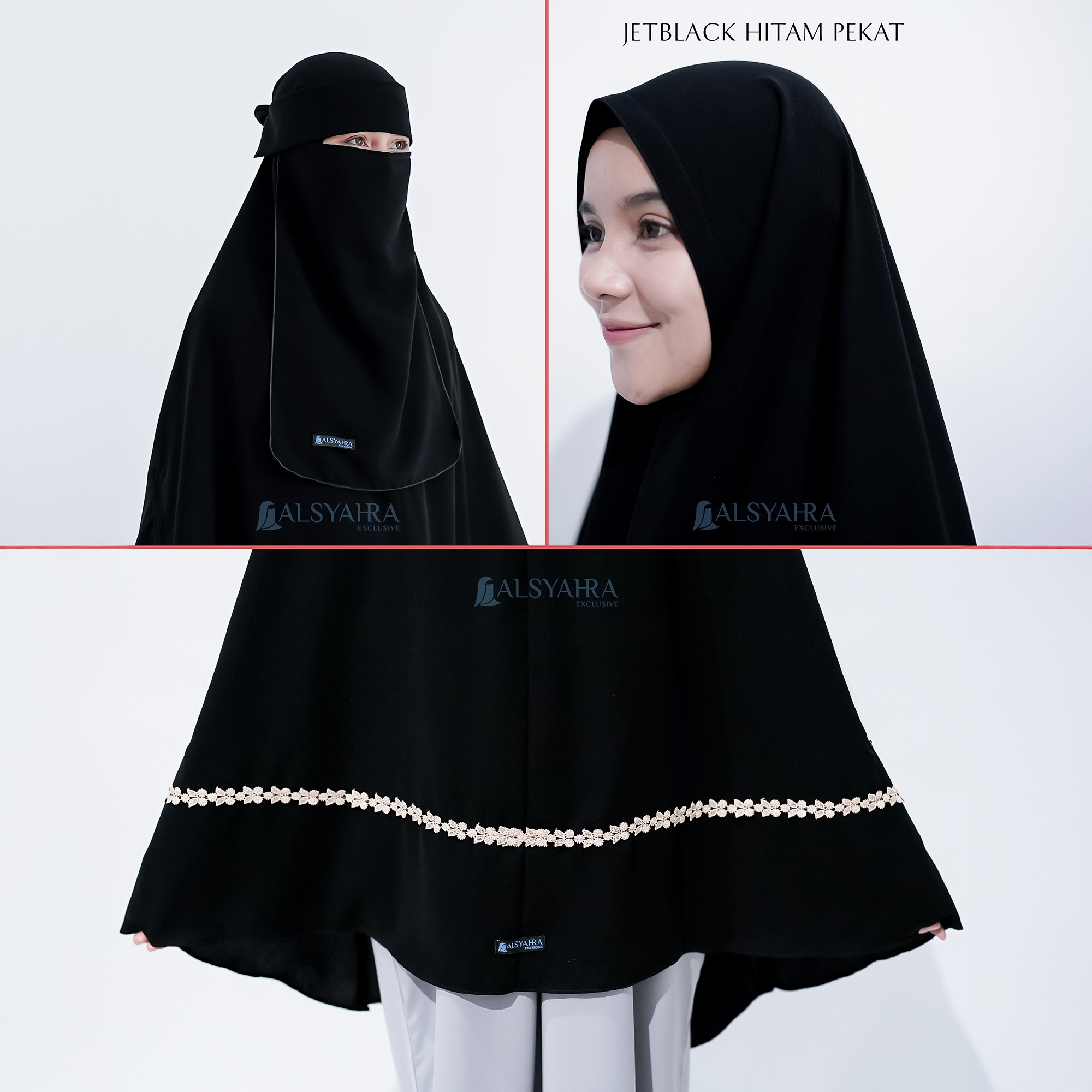 Alsyahra Exclusive - Set Khimar Syari Handzipper Nailah Niqab Poni Soft Jetblack Size XL