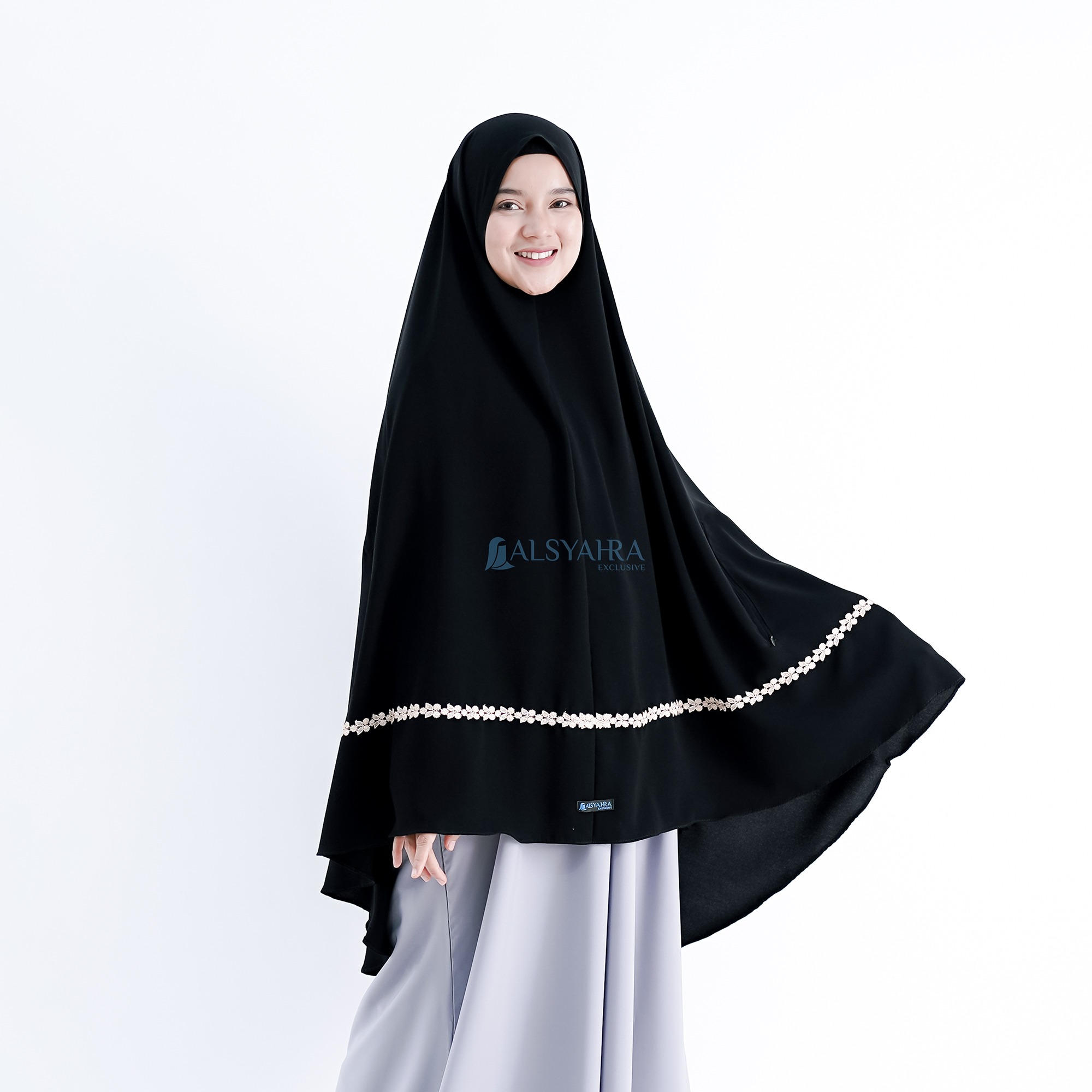 Alsyahra Exclusive - Set Khimar Syari Handzipper Nailah Niqab Poni Soft Jetblack Size XL