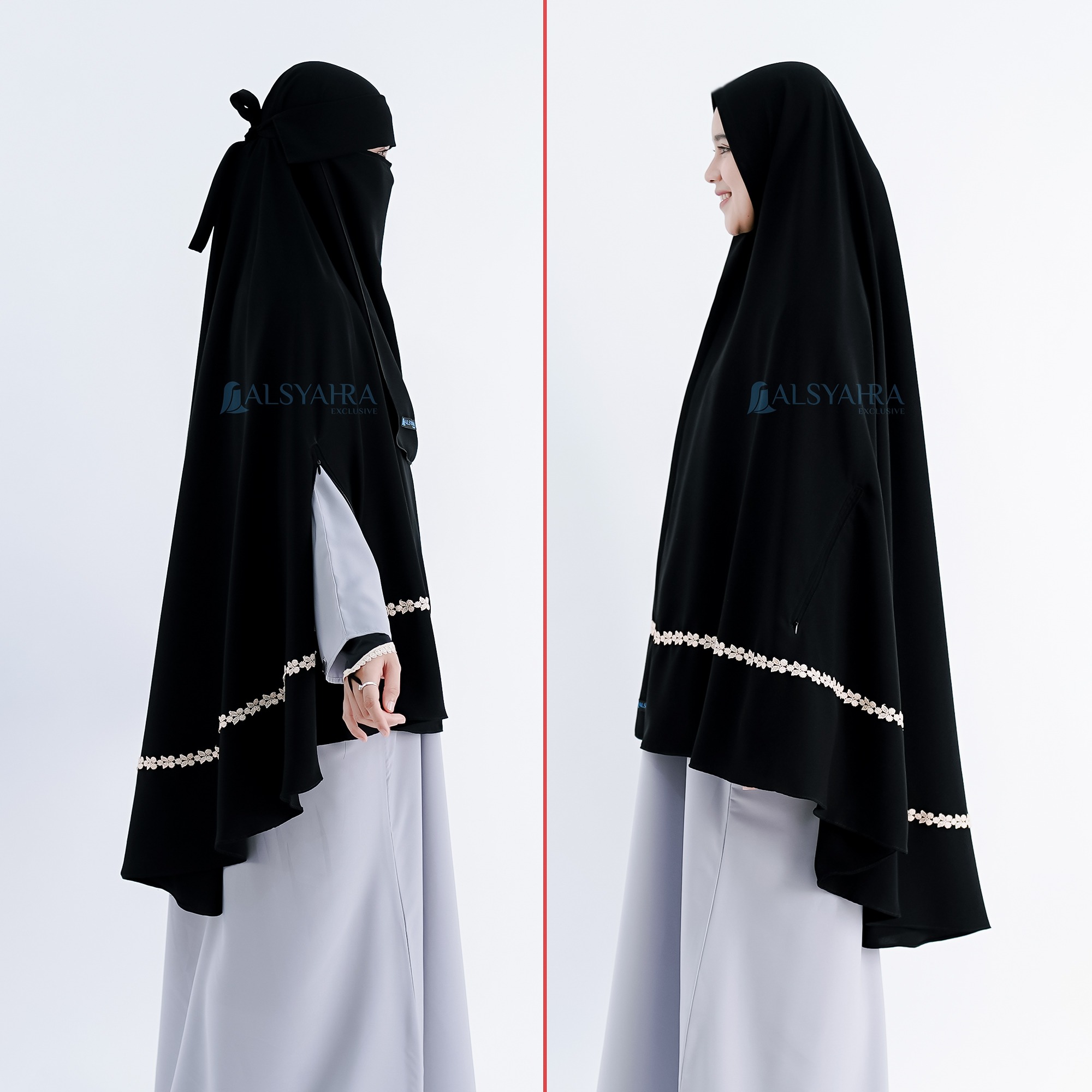 Alsyahra Exclusive - Set Khimar Syari Handzipper Nailah Niqab Poni Soft Jetblack Size XL