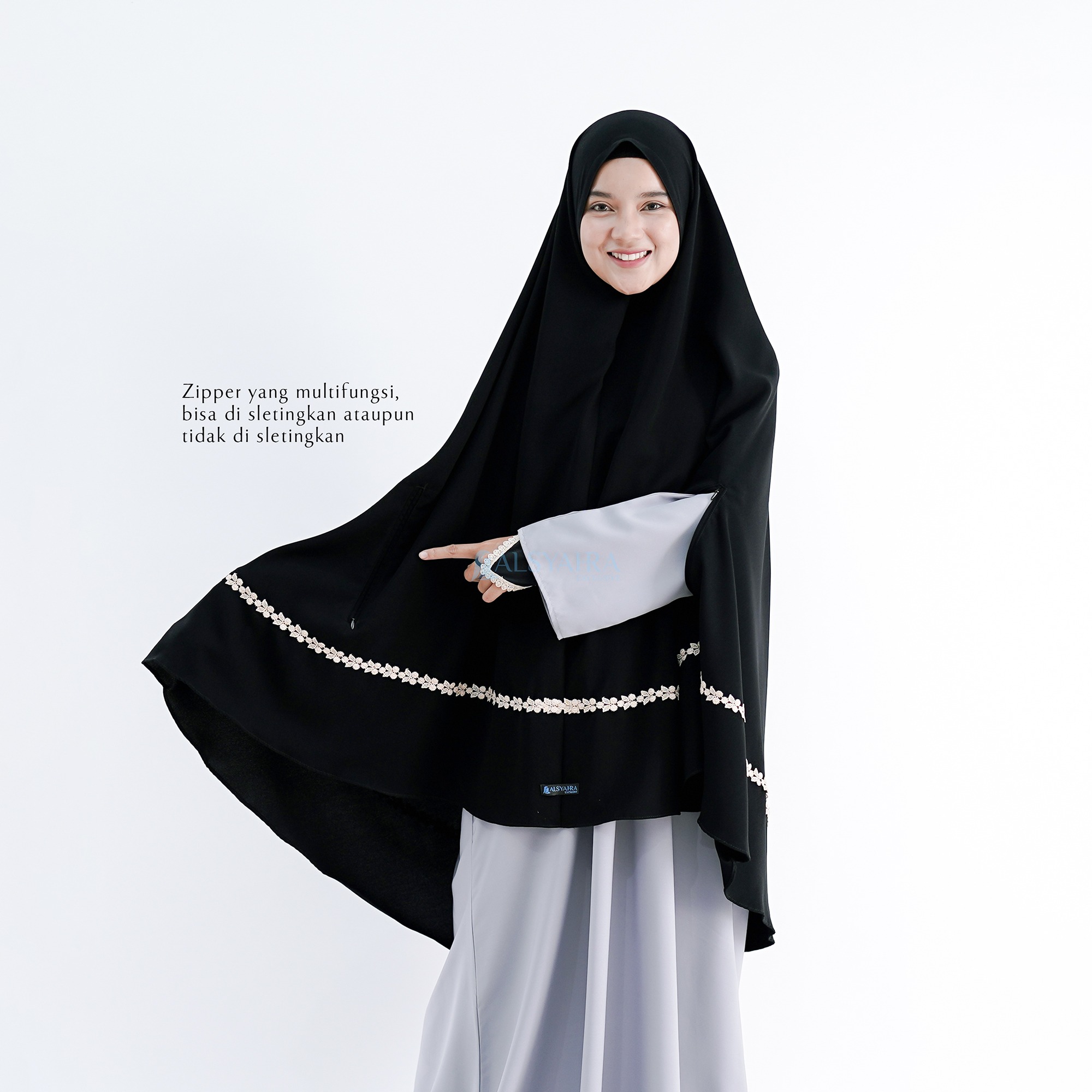 Alsyahra Exclusive - Set Khimar Syari Handzipper Nailah Niqab Poni Soft Jetblack Size XL